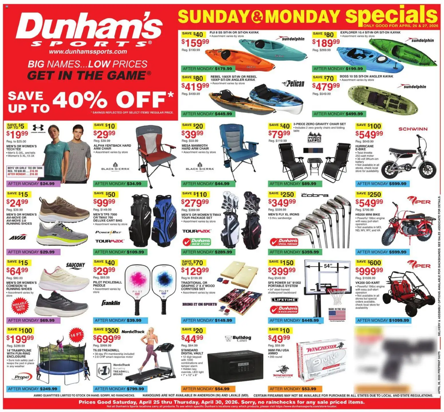 Dunham's Sports Weekly Ad - valid from 25.04.2026 | Page: 1 | Products: Chair, Battery, Kayak, Ammo