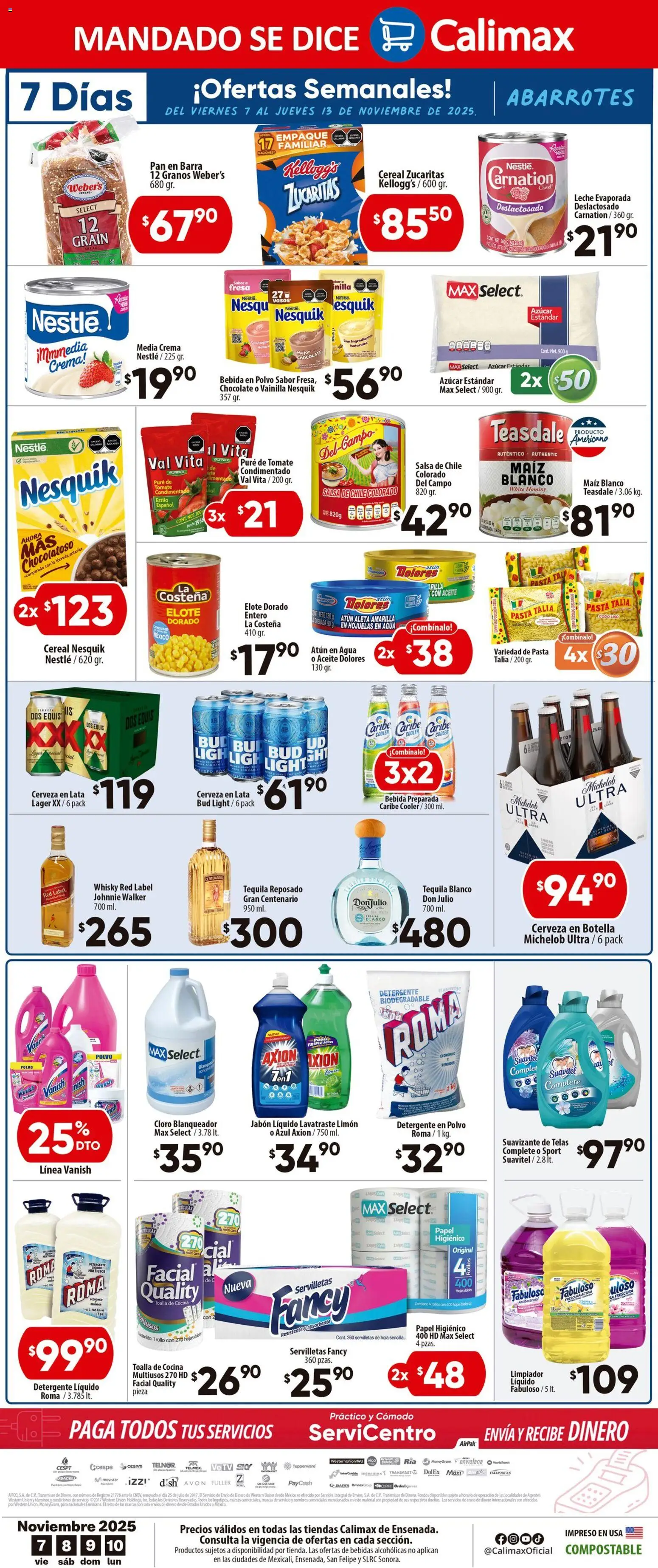 Nuevas ofertas de Calimax válidas en toda la República Mexicana desde el 07.11.2025. ¡Encuentra las mejores ofertas en Calimax folleto Ensenada! | Página: 4 | Productos: Tomate, Pasta, Tequila, Limpiador