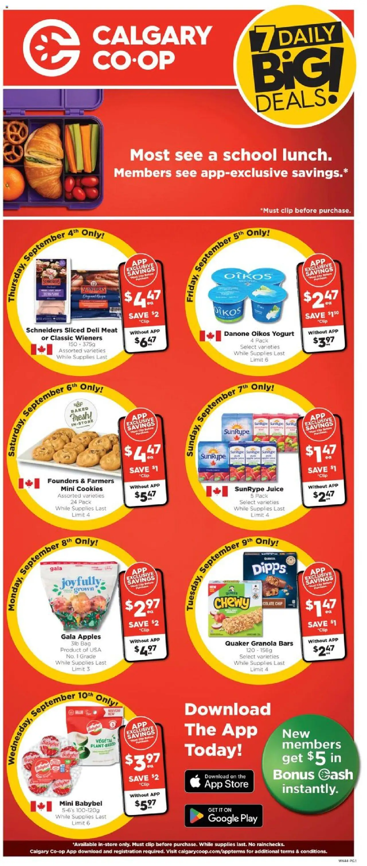Calgary Co-op flyer valid from 04.09.2025 | Page: 1 | Products: Cookies, Bag, Yogurt, Juice