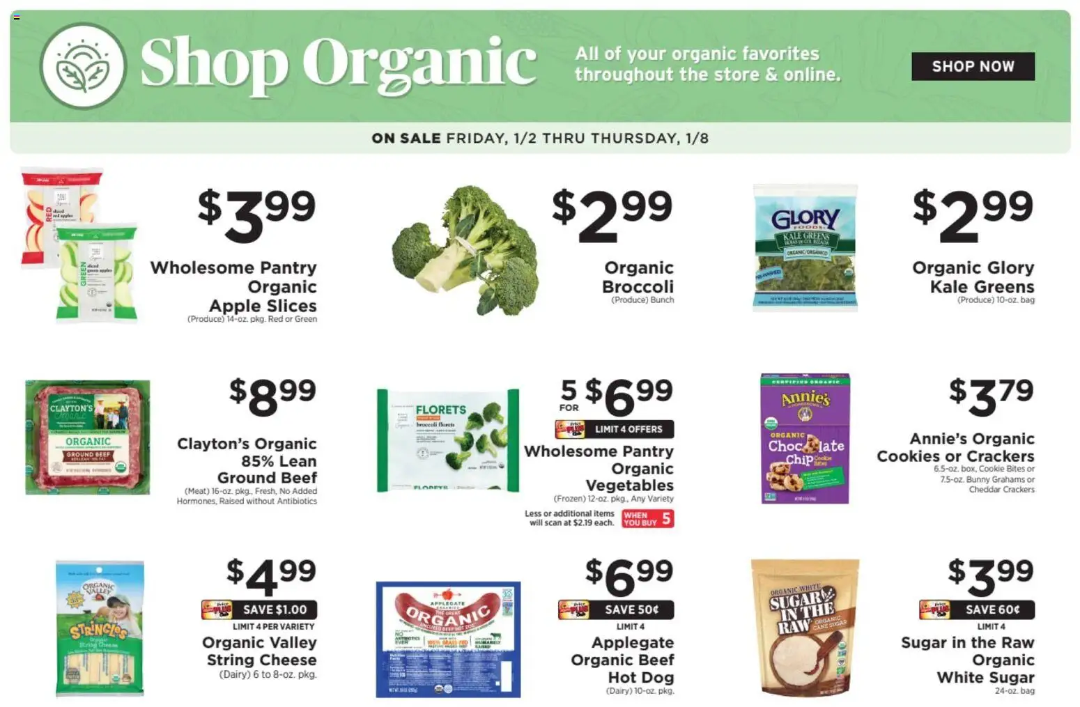 ShopRite Shop Organic - valid from 01.01.2026 | Page: 1 | Products: Broccoli, Chocolate, Cookies, Greens