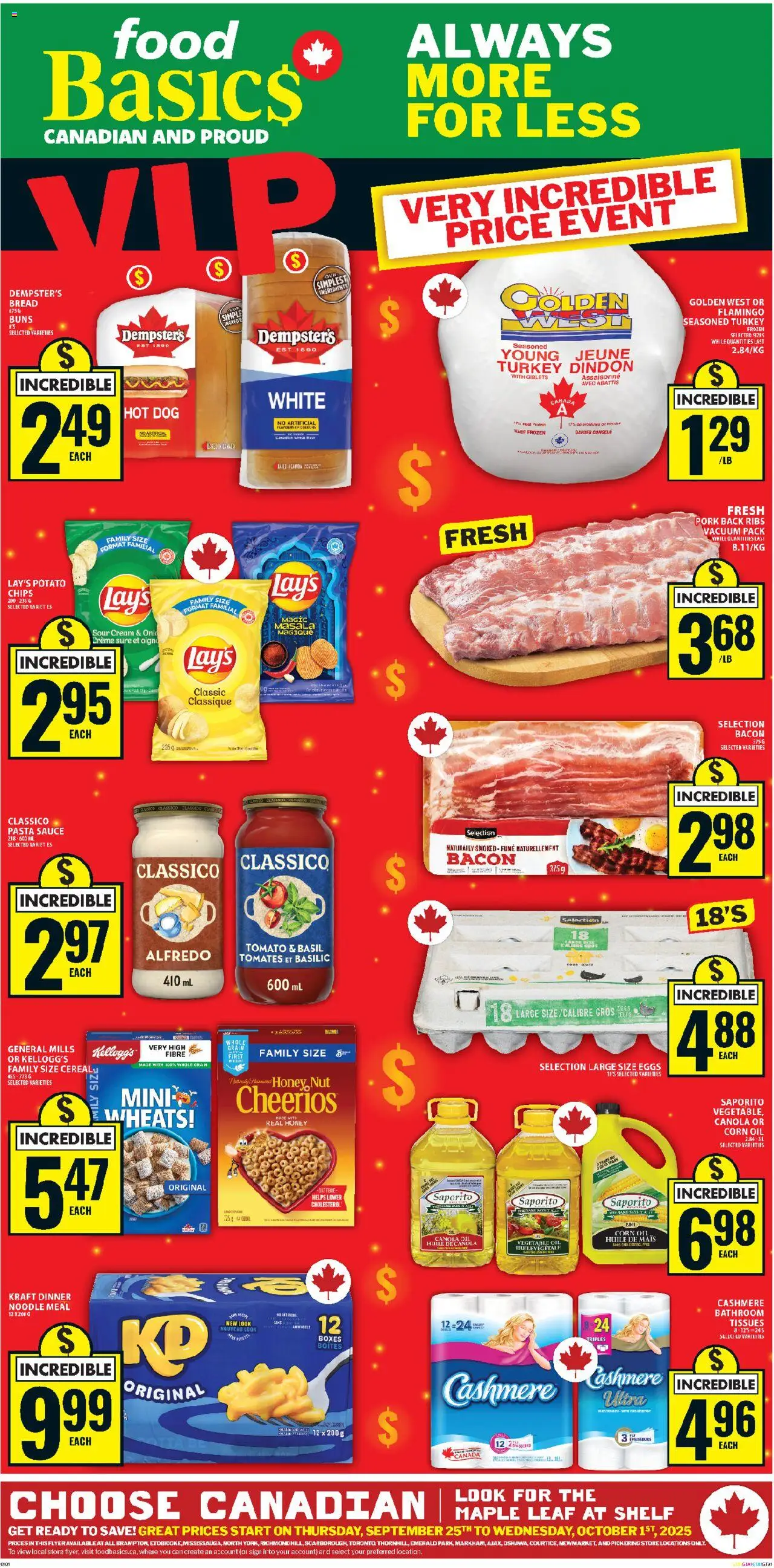Food Basics flyer valid from 25.09.2025 | Page: 1 | Products: Pasta, Cream, Turkey, Eggs
