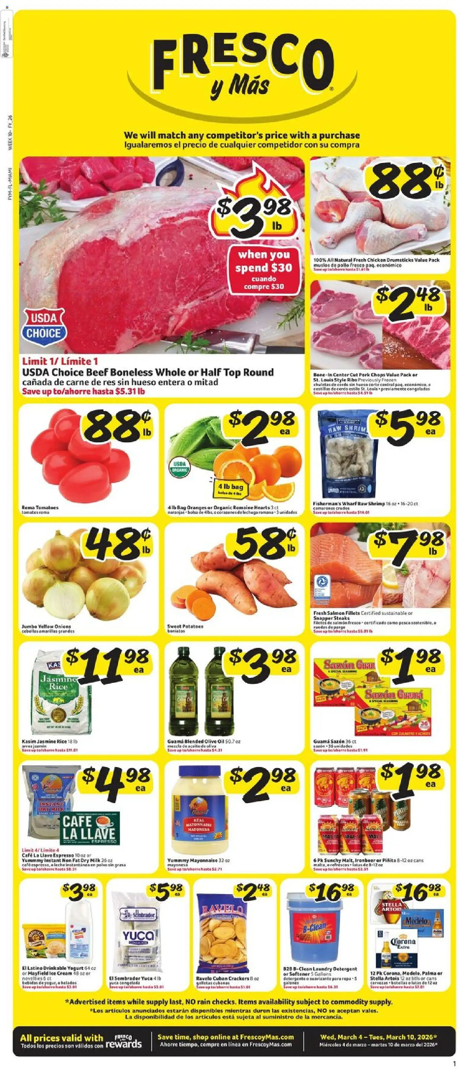 Fresco y Más Weekly Ad - valid from 04.03.2026 | Page: 1 | Products: Romaine, Oil, Oranges, Mayonnaise