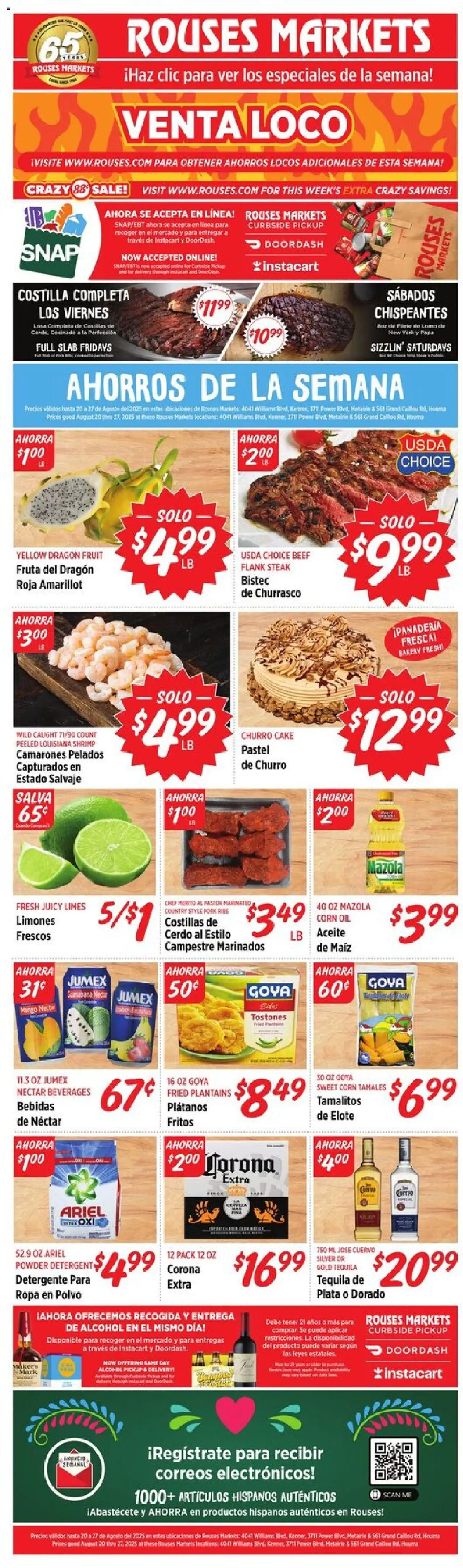 Rouses Ad - valid from 20.08.2025 | Page: 1 | Products: Corn, Oil, Detergent, Mango