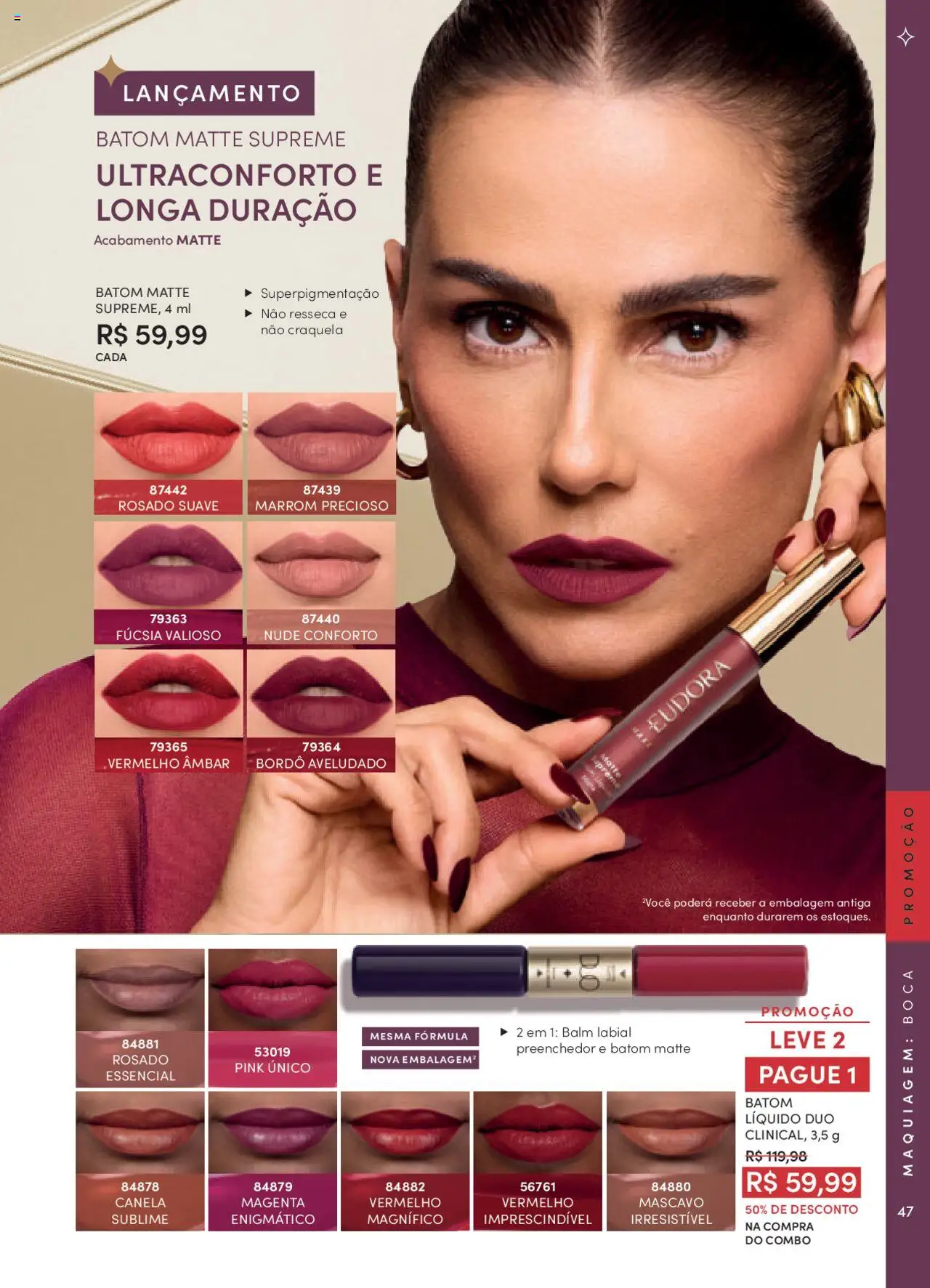 Eudora Folheto - válido de 08.09.2025 | Página: 47 | Produtos: Maquiagem, Batom, Canela