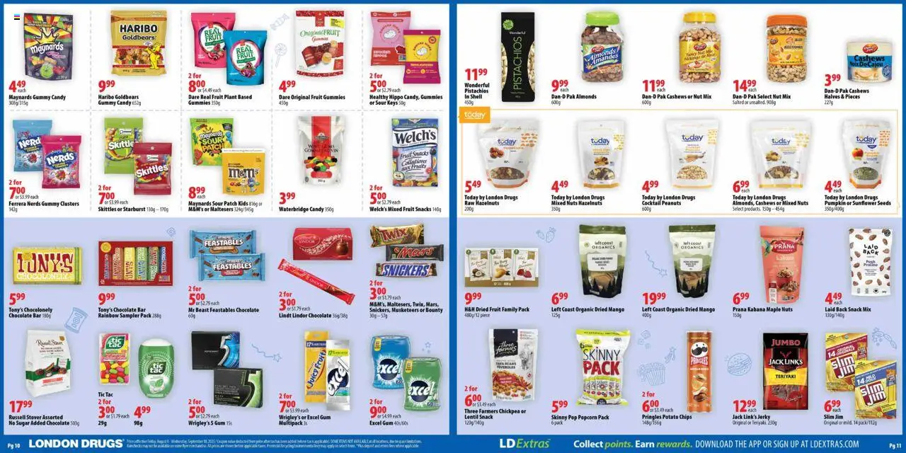 London Drugs flyer valid from 08.08.2025 | Page: 6 | Products: Chips, Nuts, Chocolate, Pumpkin