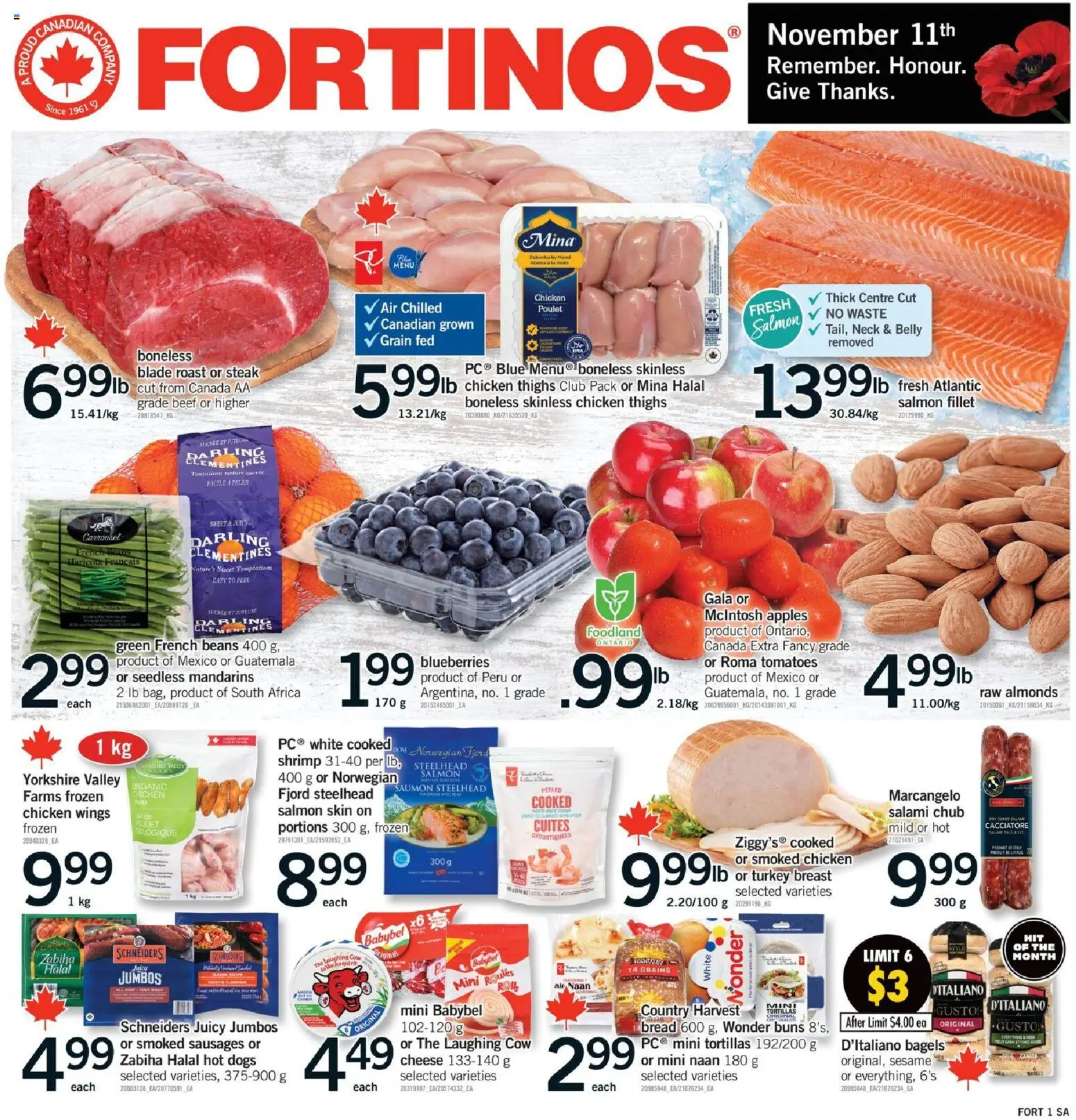 Fortinos flyer valid from 06.11.2025 | Page: 1 | Products: Chicken wings, Bread, Salami, Apples