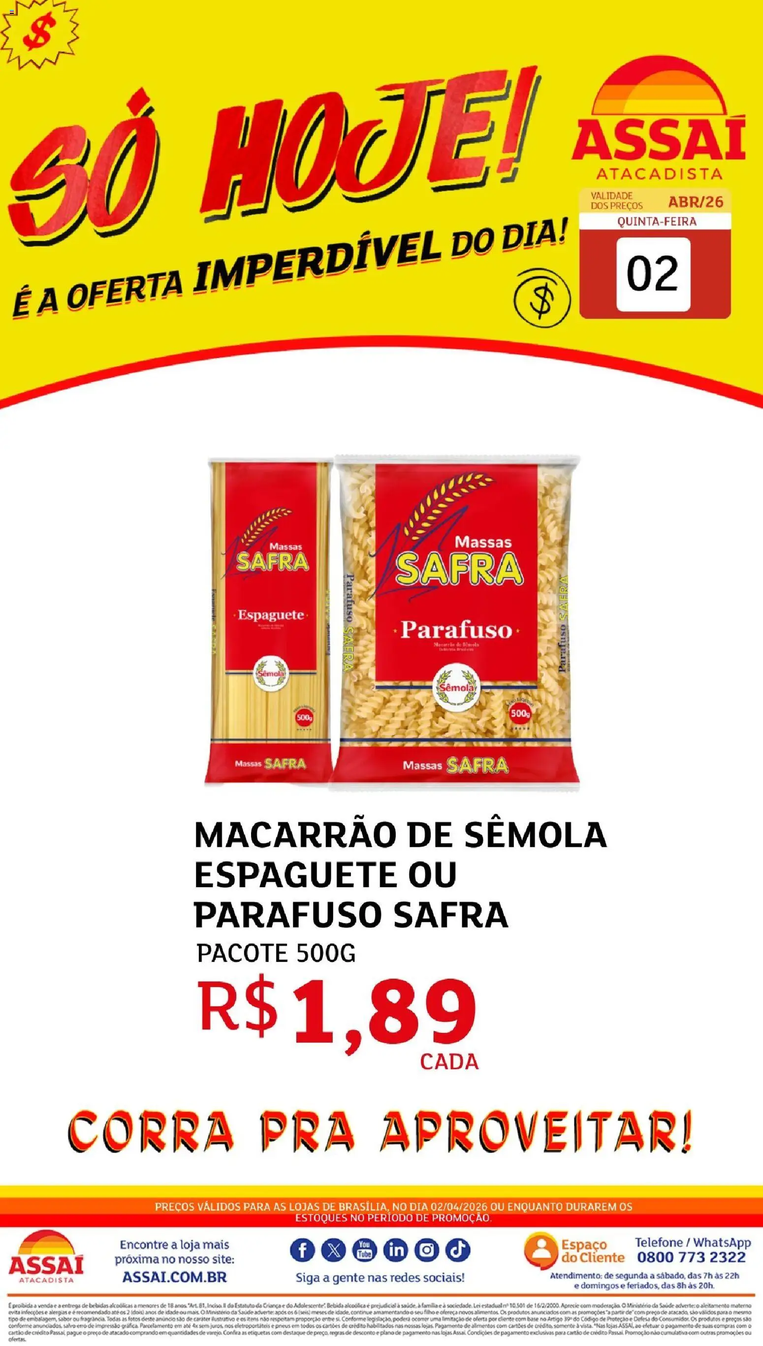 Assaí Atacadista Folheto - válido de 02.04.2026 | Página: 1 | Produtos: Pneus, Base, Bebida, Telefone
