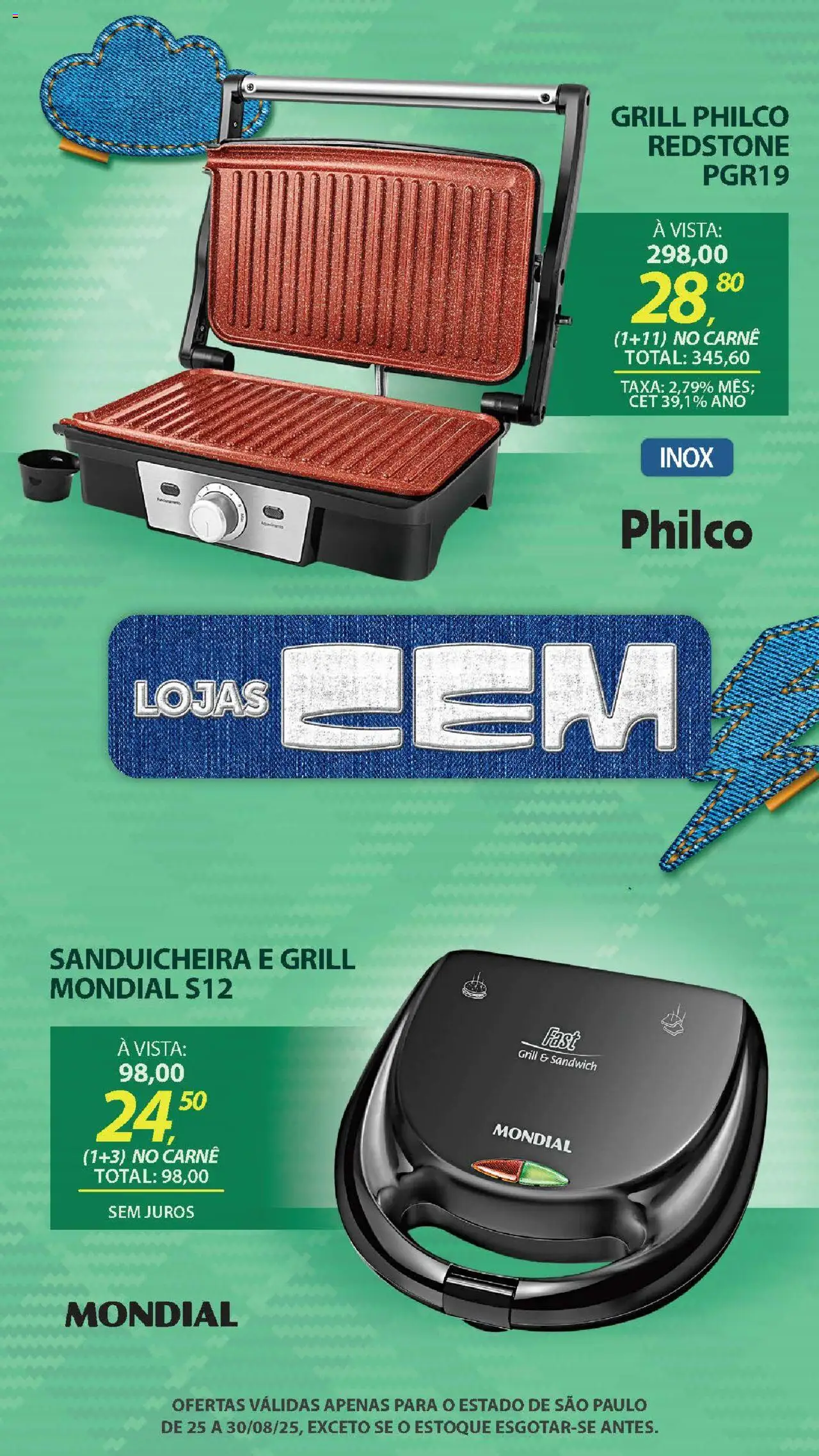 Lojas Cem Folheto - válido de 25.08.2025 | Página: 39 | Produtos: Grill, Sanduicheira, Carne