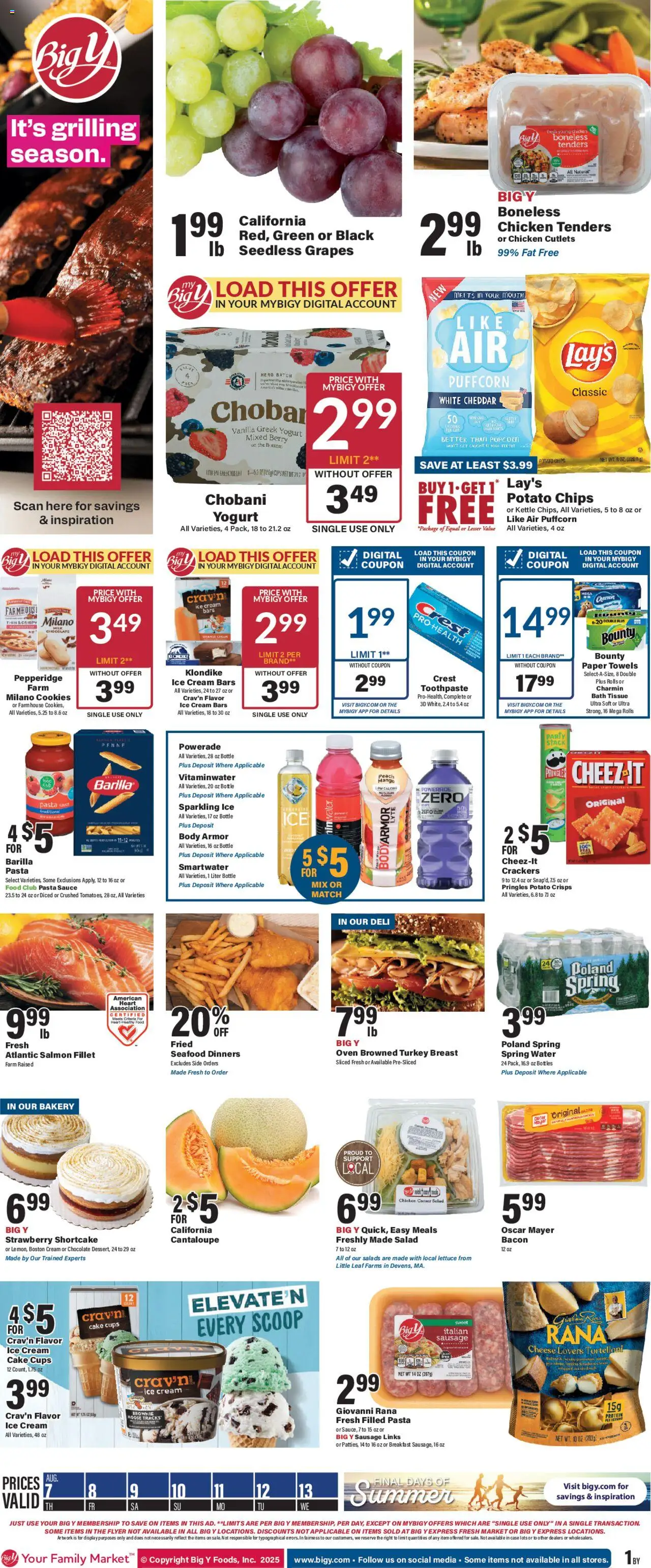 Big Y Weekly Ad - valid from 07.08.2025 | Page: 1 | Products: Toothpaste, Cookies, Salad, Oven