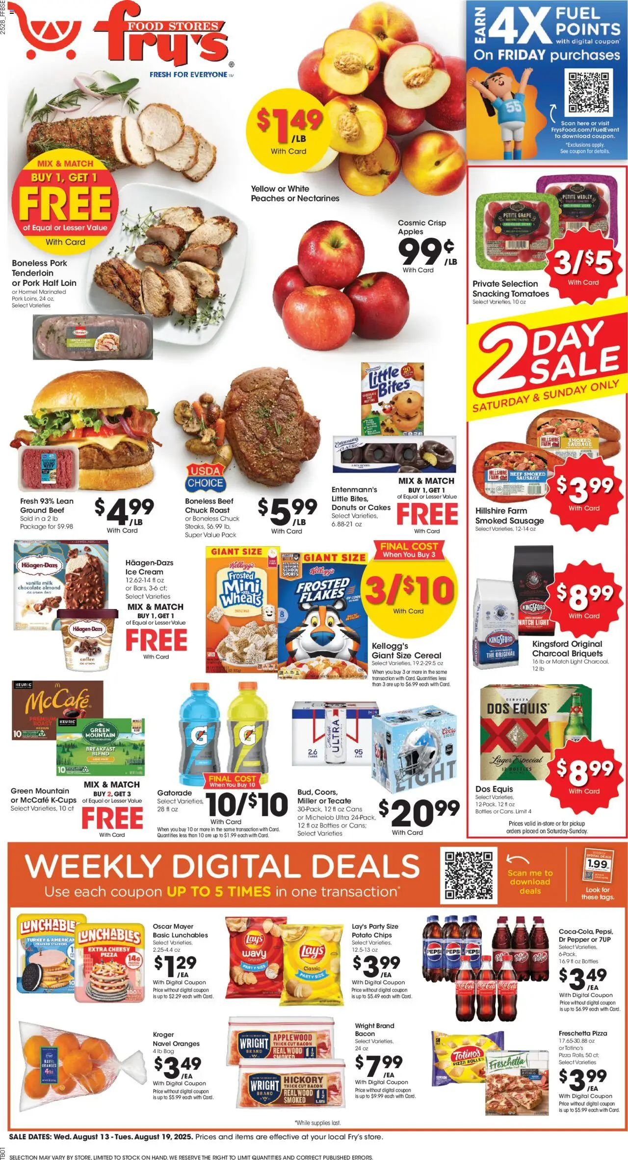 Fry's Food Weekly Ad - valid from 13.08.2025 | Page: 1 | Products: Peaches, Coffee, Ice cream, Bag