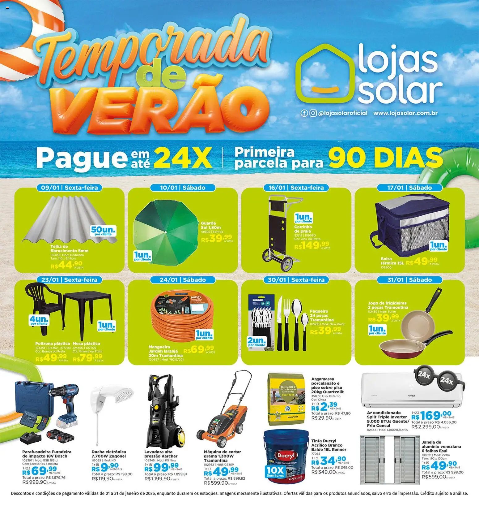 Lojas Solar Folheto - válido de 01.01.2026 | Página: 1 | Produtos: Ducha eletrônica, Porcelanato, Poltrona, Parafusadeira