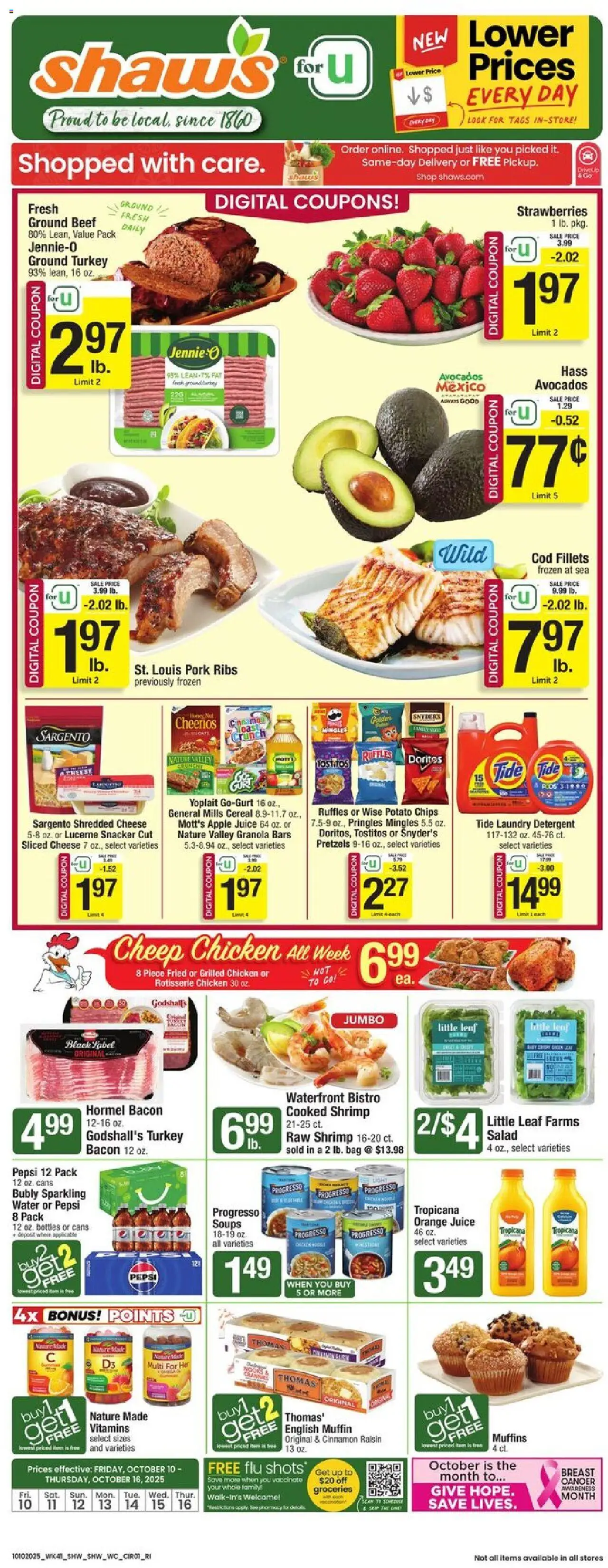 Shaw's Weekly Ad - RI - valid from 10.10.2025 | Page: 3 | Products: Cheese, Detergent, Strawberries, Water
