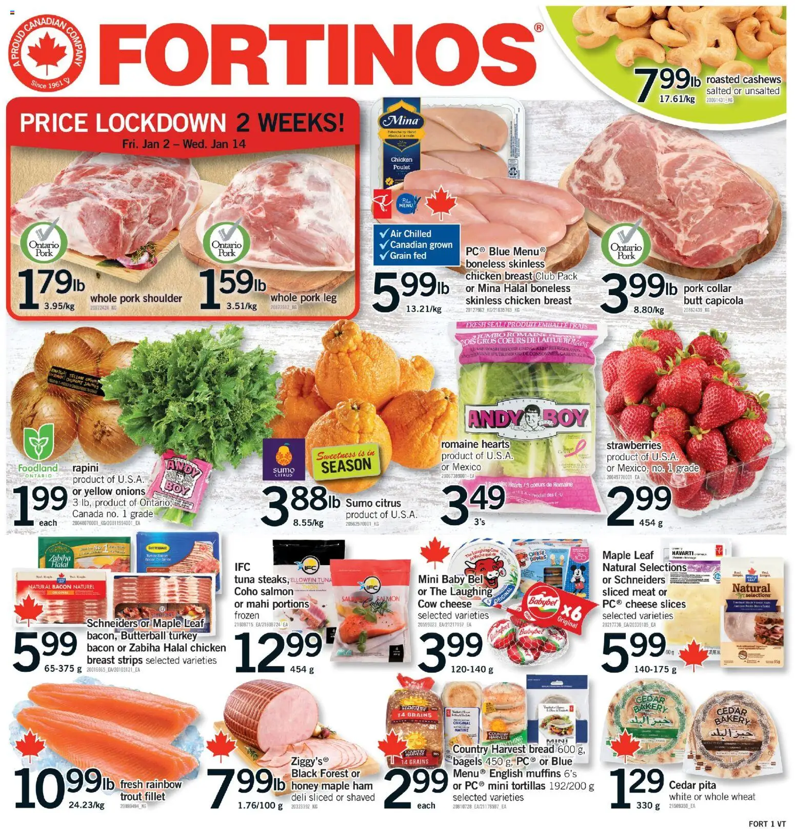 Fortinos flyer valid from 01.01.2026 | Page: 1 | Products: Strawberries, Turkey, Bakery, Cheese