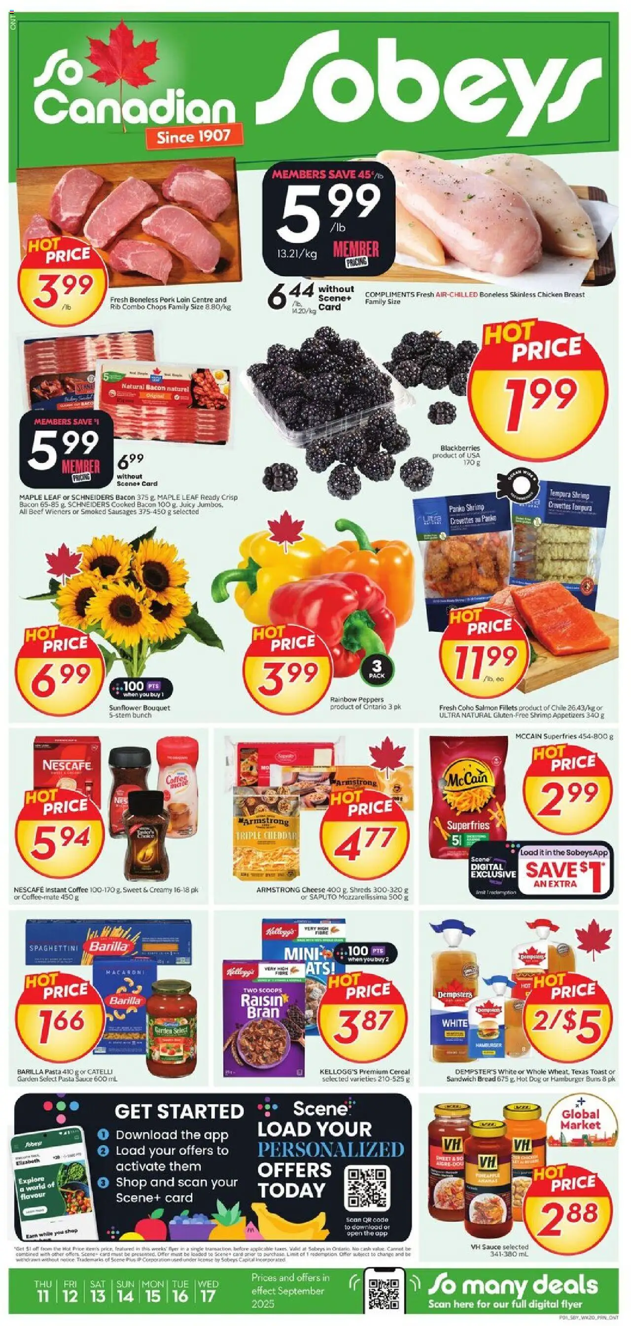 Sobeys flyer valid from 11.09.2025 | Page: 1 | Products: Beef, Pineapple, Coffee, Chicken