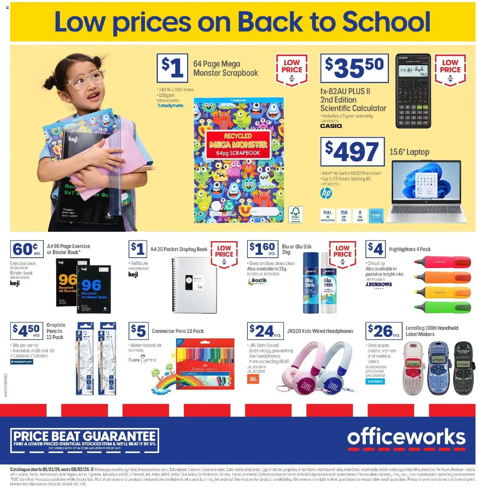 Officeworks catalogue - valid from 01.01.2026 | Page: 1 | Products: Battery, Headphones, Calculator, Pencil