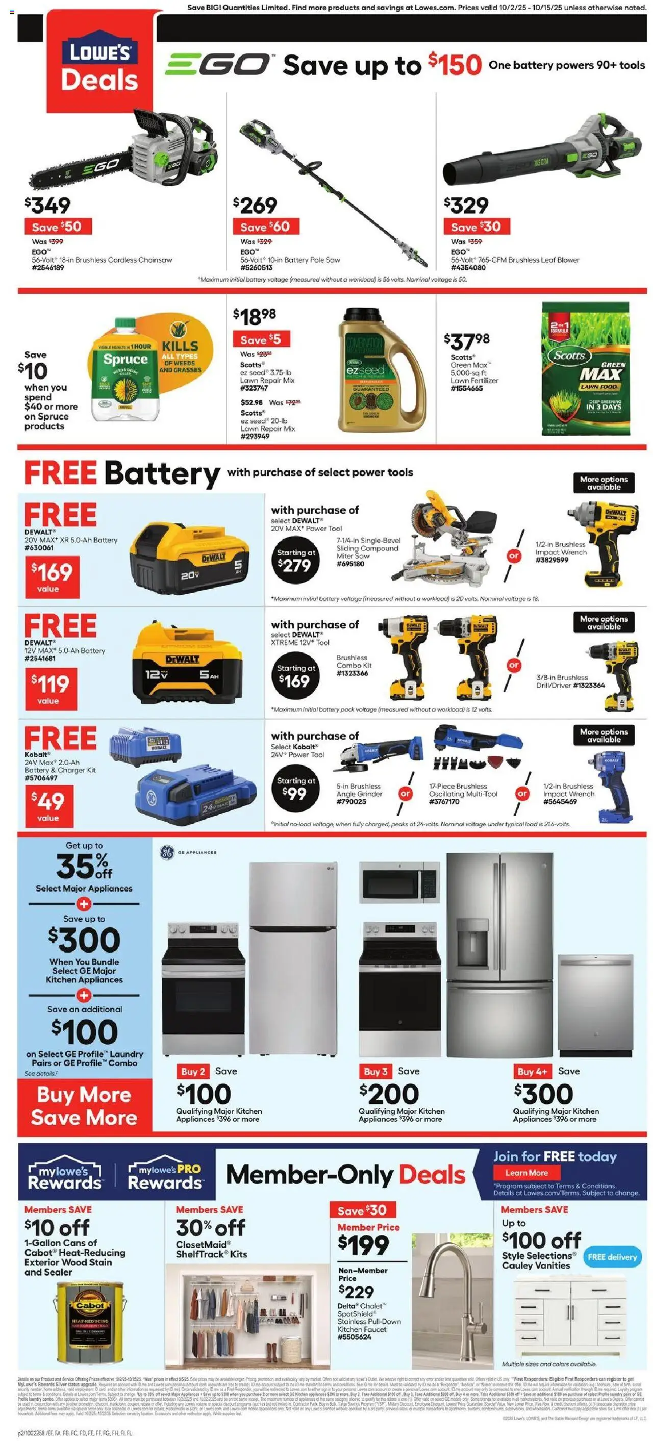 Lowe's Weekly Ad - valid from 02.10.2025 | Page: 2 | Products: Battery, Chainsaw, Kitchen Faucet, Charger