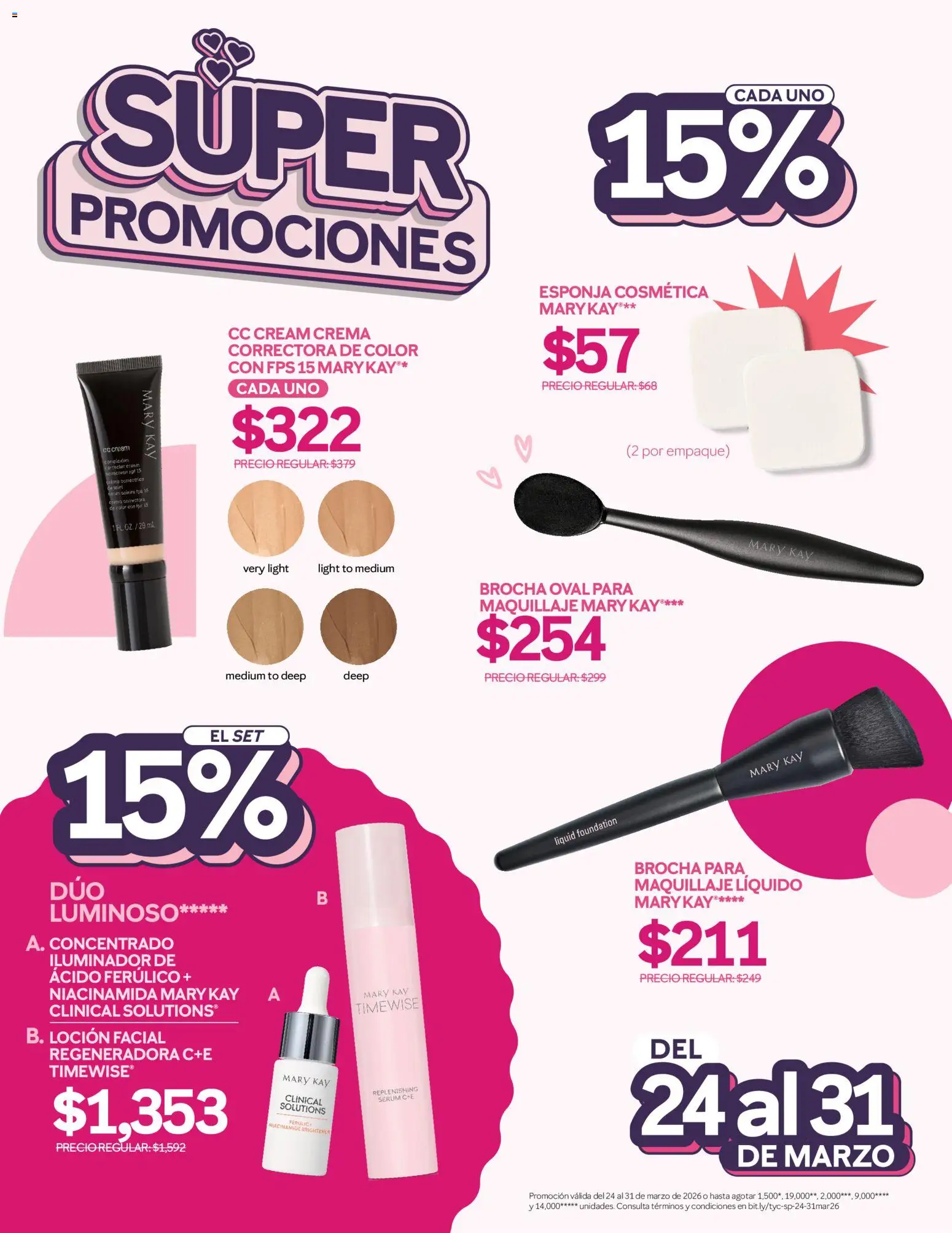 Nuevas ofertas de Mary Kay válidas en toda la República Mexicana desde el 24.03.2026. ¡Encuentra las mejores ofertas en Catálogo Mary Kay Súper Promociones  ! | Página: 1 | Productos: Iluminador, Serum, Crema, Esponja