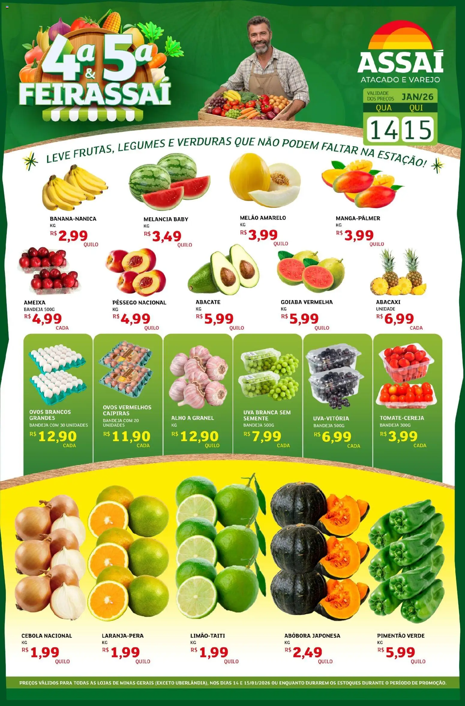 Assaí Atacadista Folheto - válido de 14.01.2026 | Página: 1 | Produtos: Melão, Alho, Pimentão, Ovos
