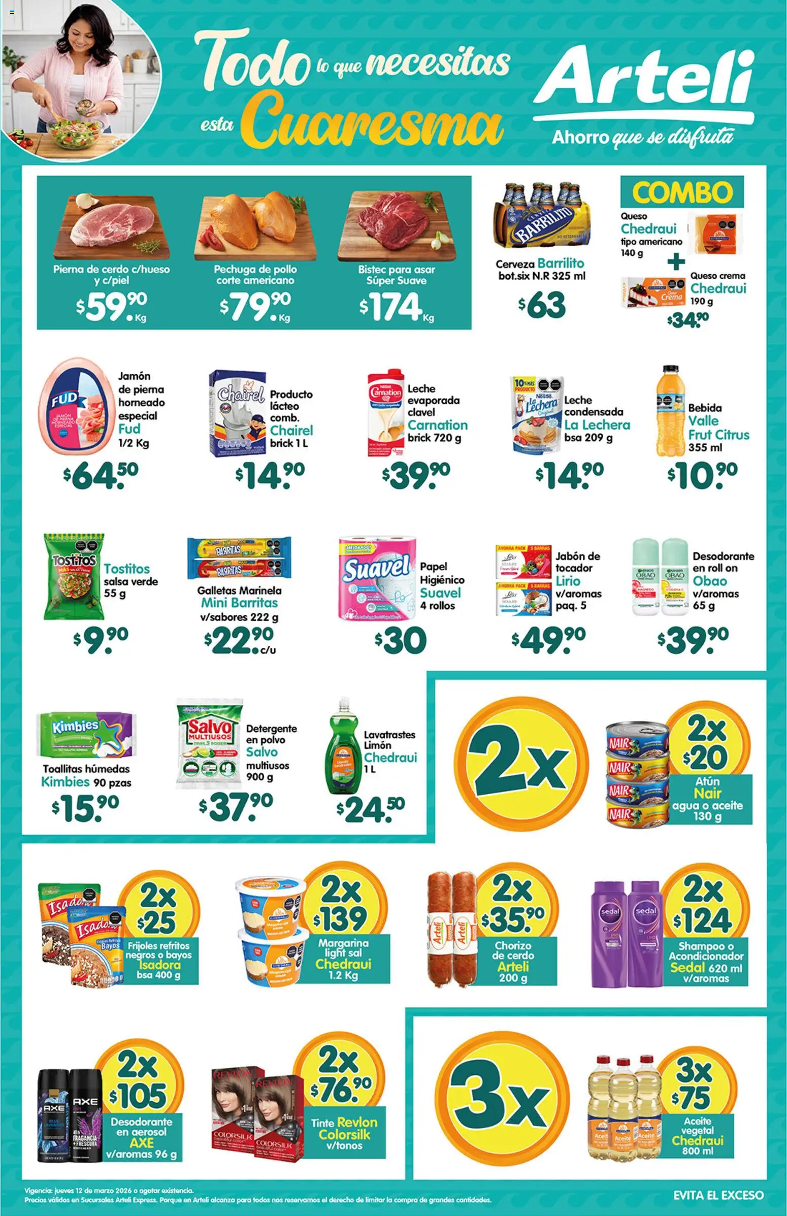 Nuevas ofertas de Arteli válidas en toda la República Mexicana desde el 12.03.2026. ¡Encuentra las mejores ofertas en Arteli folleto Express! | Página: 1 | Productos: Queso crema, Agua, Toallitas húmedas, Queso