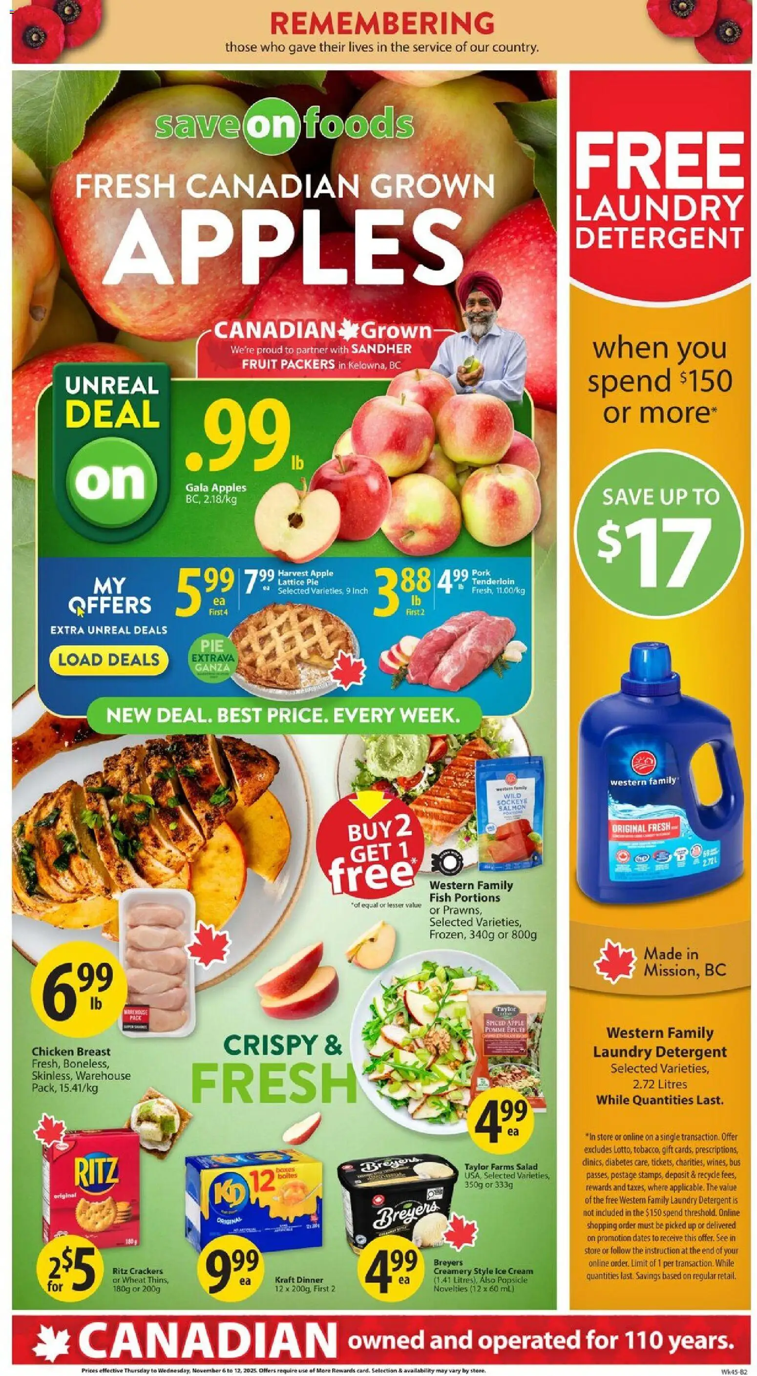 Save on foods flyer valid from 06.11.2025 | Page: 1 | Products: Ice cream, Detergent, Chicken, Apples