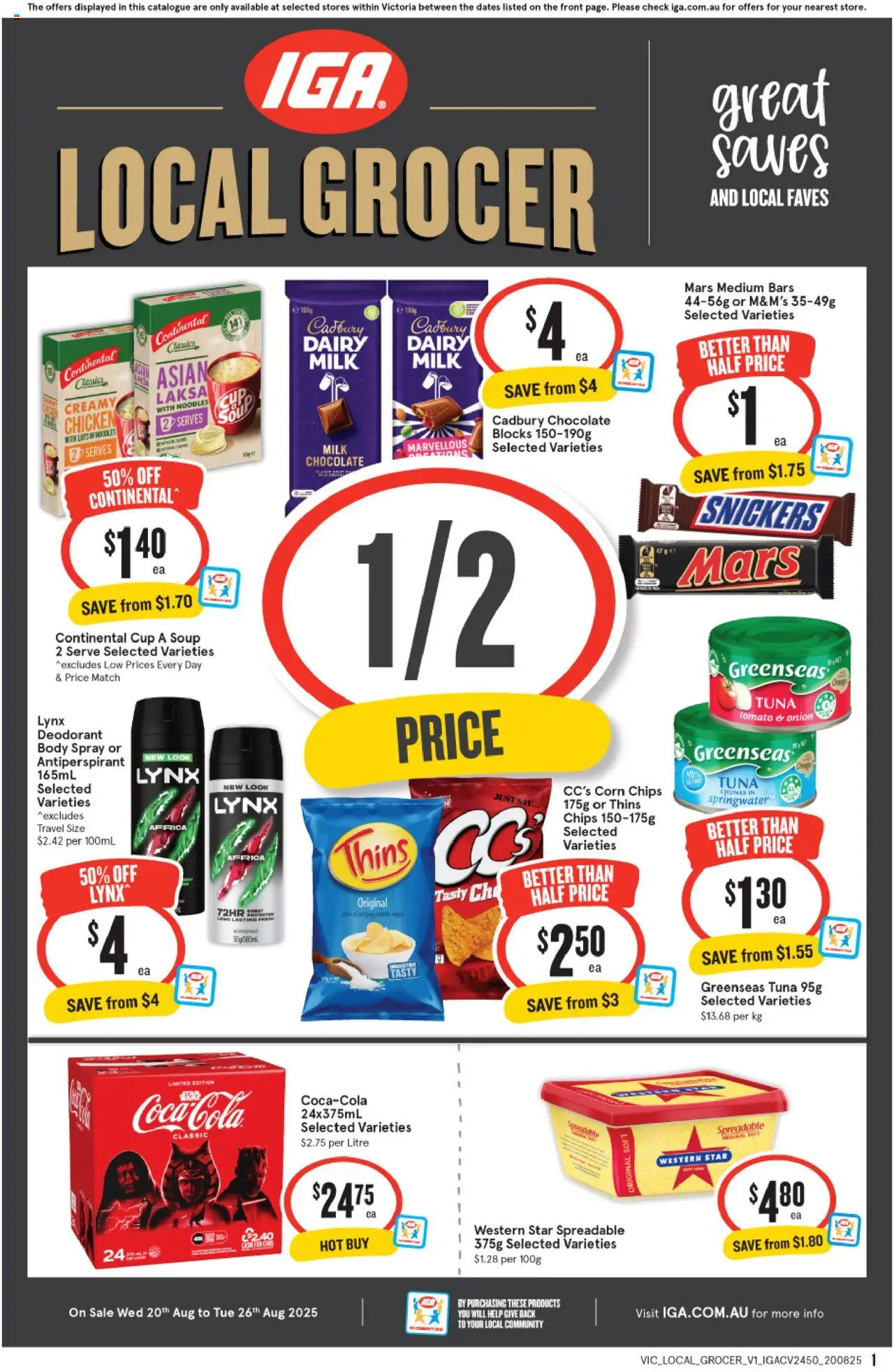 IGA catalogue - valid from 20.08.2025 | Page: 1 | Products: Chocolate, Deodorant, Antiperspirant, Chips