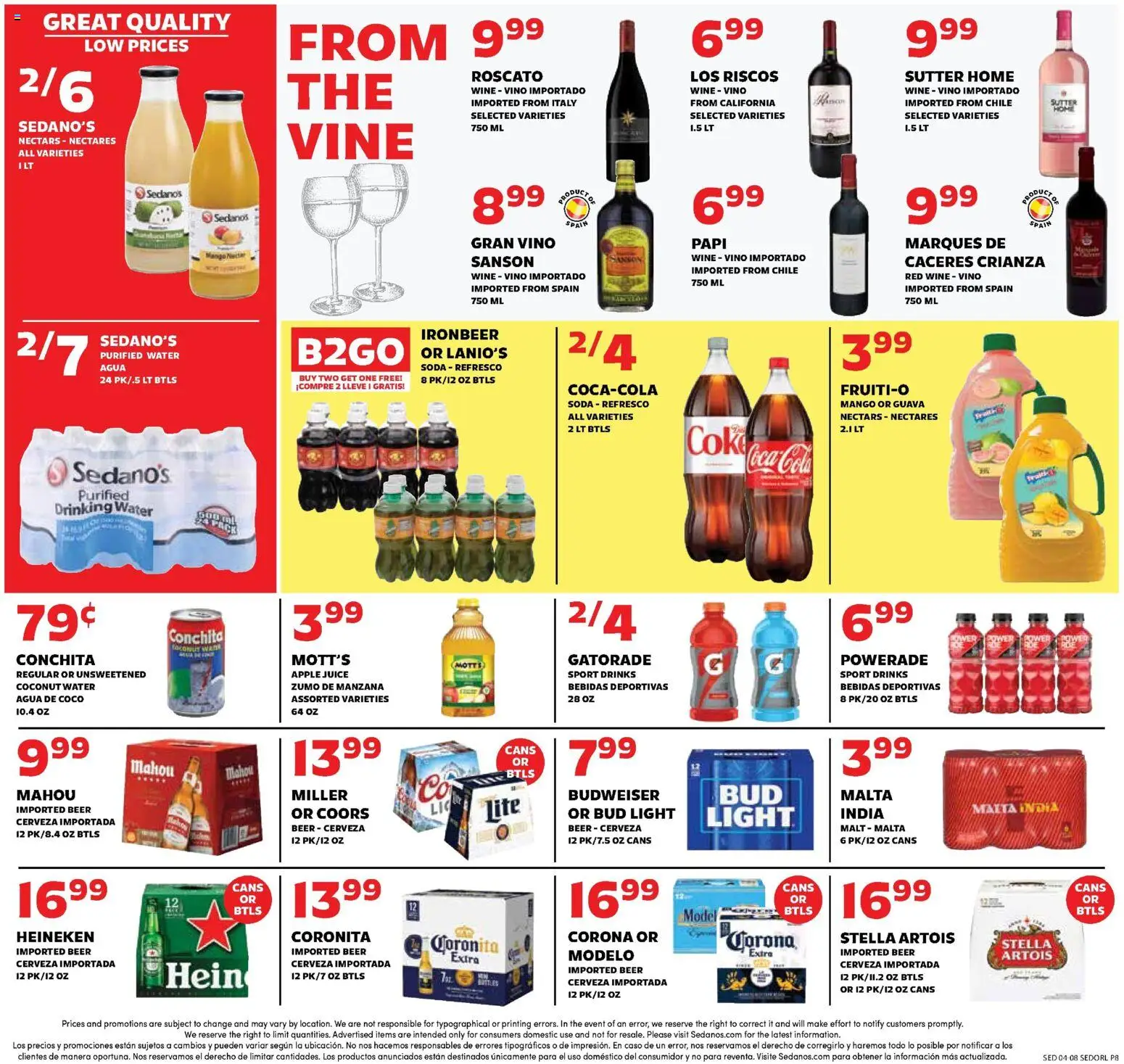 Sedano's Weekly Ad - valid from 08.04.2026 | Page: 8 | Products: Wine, Beer, Water, Mango