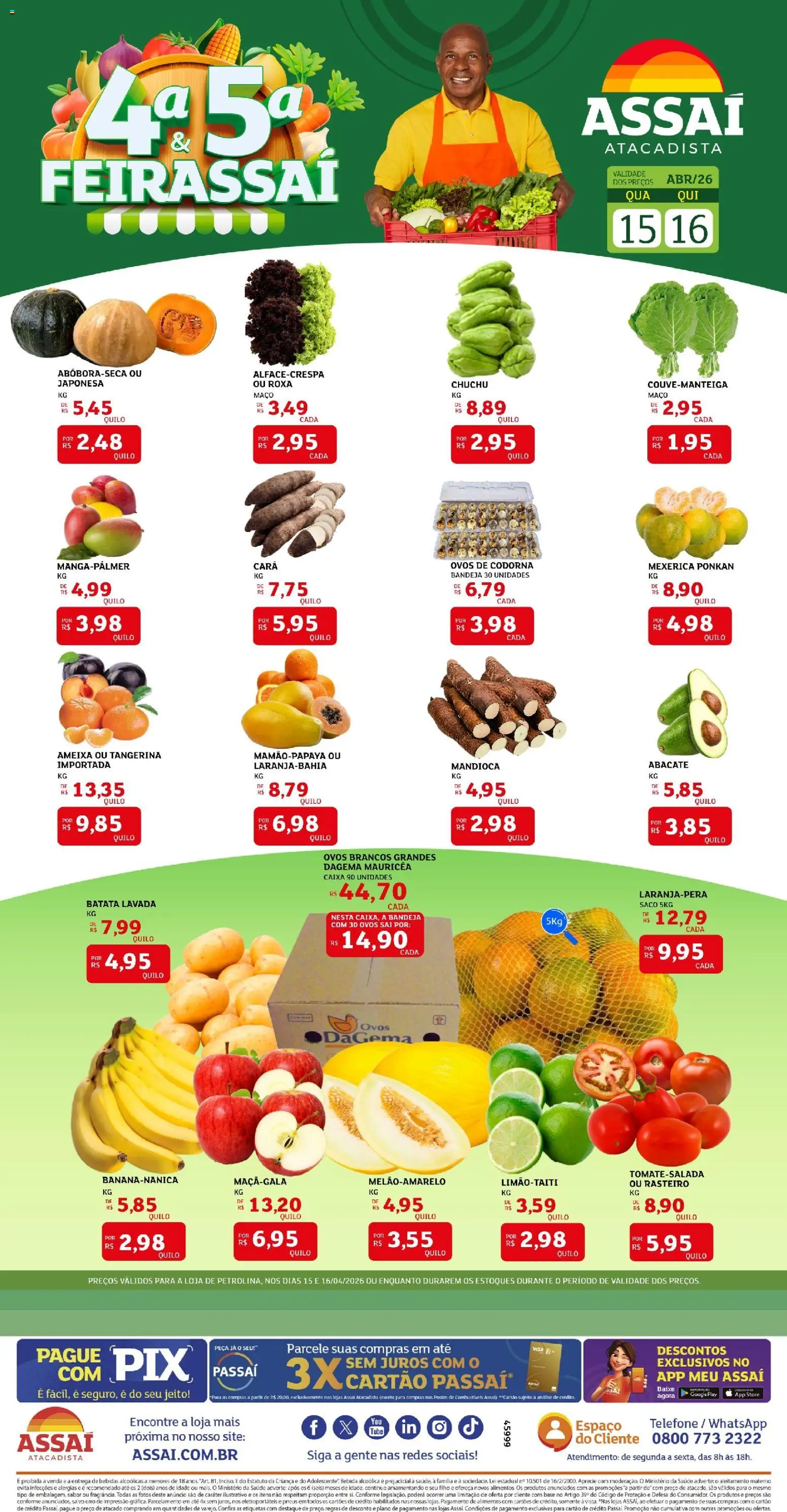 Assaí Atacadista Folheto - válido de 15.04.2026 | Página: 1 | Produtos: Mandioca, Caixa, Batata, Ovos de codorna
