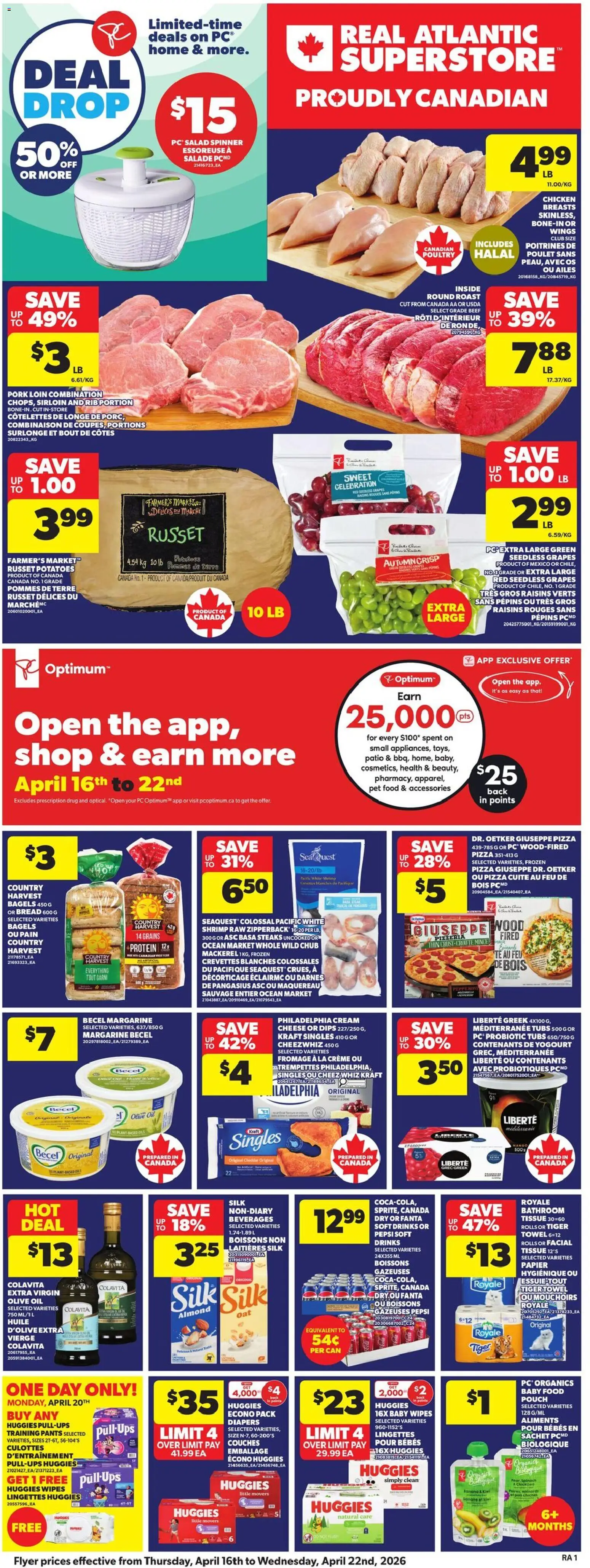 Atlantic Superstore flyer valid from 16.04.2026 | Page: 3 | Products: Kiwi, Salad, Bread, Pork
