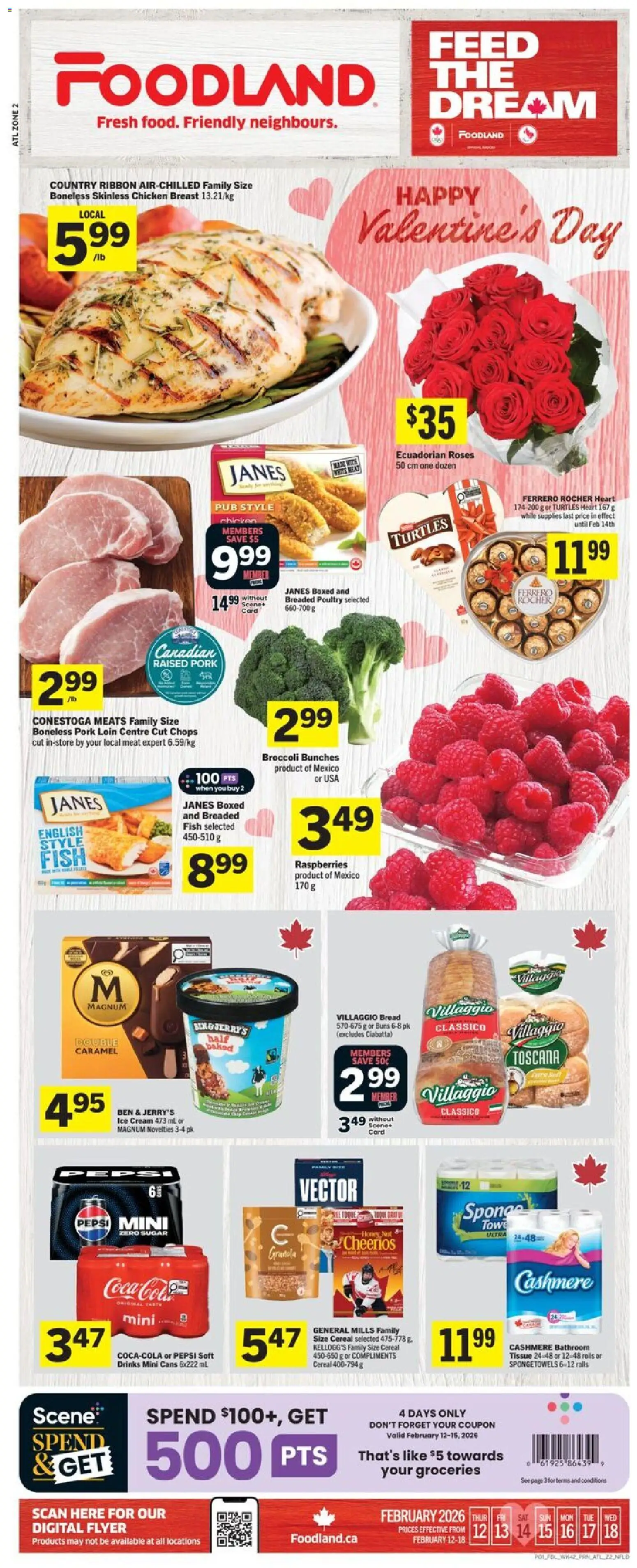Foodland flyer valid from 12.02.2026 | Page: 1 | Products: Cream, Ice cream, Bread, Chicken