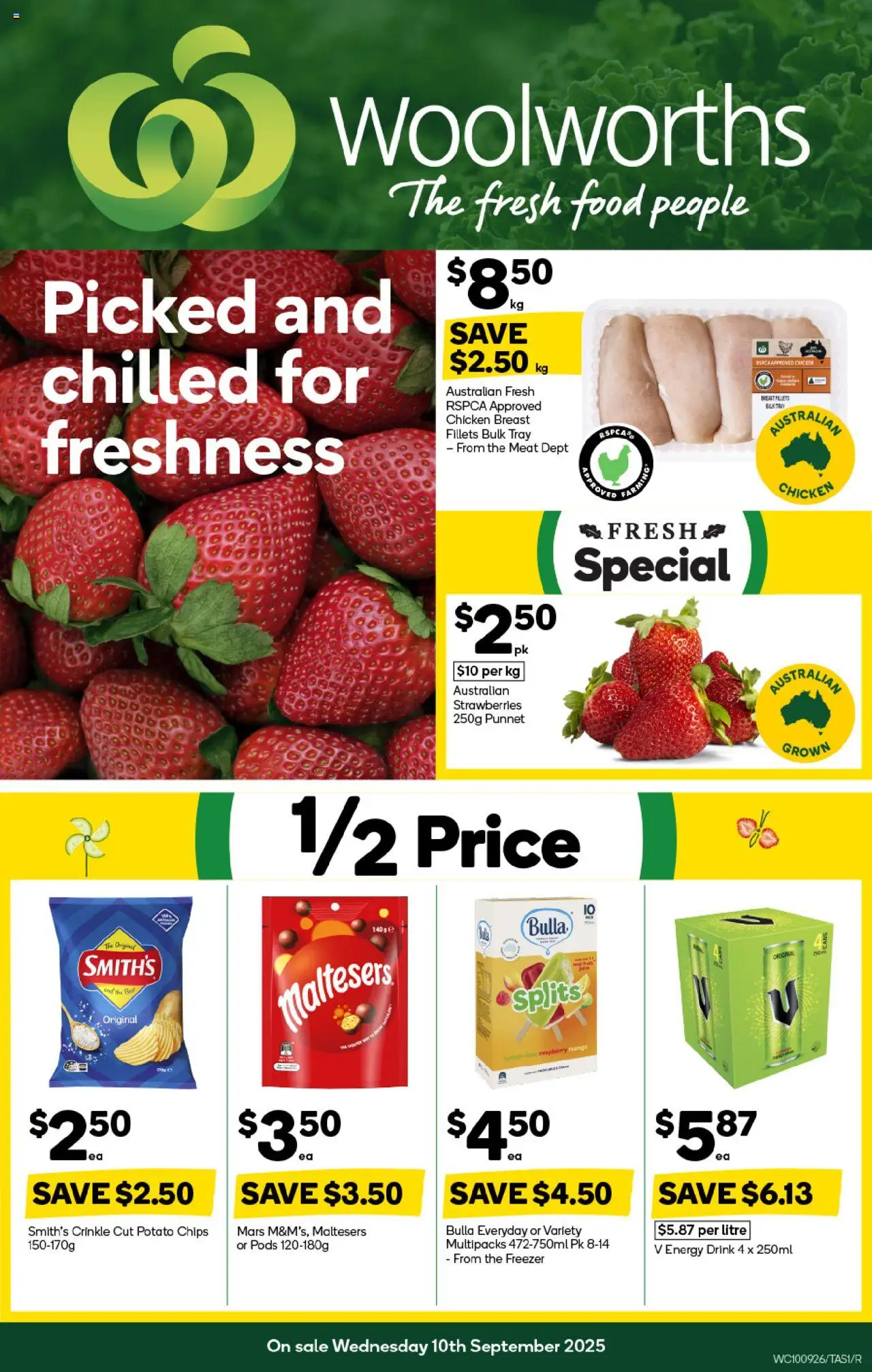 Woolworths catalogue - valid from 10.09.2025 | Page: 1 | Products: Energy drink, Meat, Strawberries, Chips