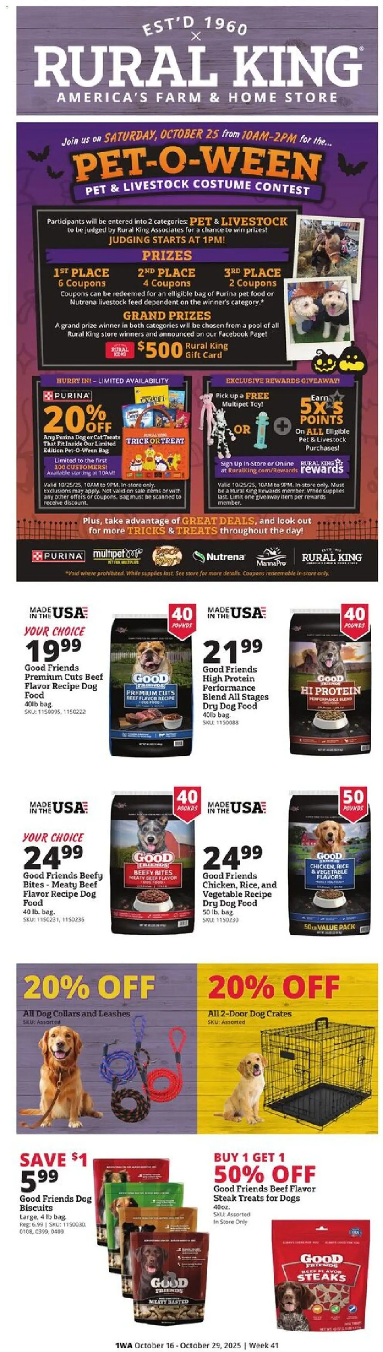 Rural King Weekly Ad - valid from 16.10.2025 | Page: 1 | Products: Dog Food, Rice, Beef, Bag