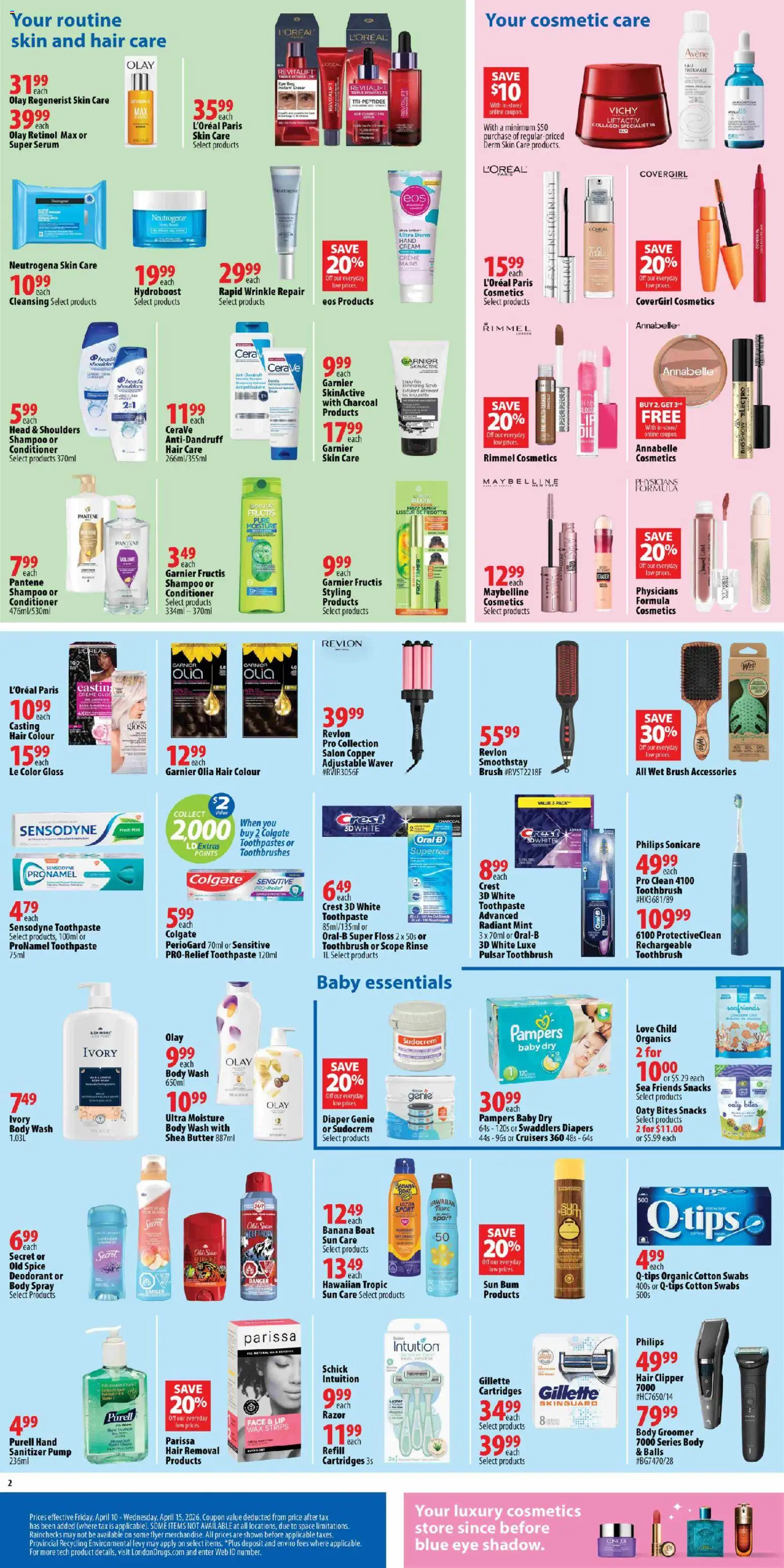 London Drugs flyer valid from 10.04.2026 | Page: 2 | Products: Brush, Conditioner, Hand cream, Deodorant