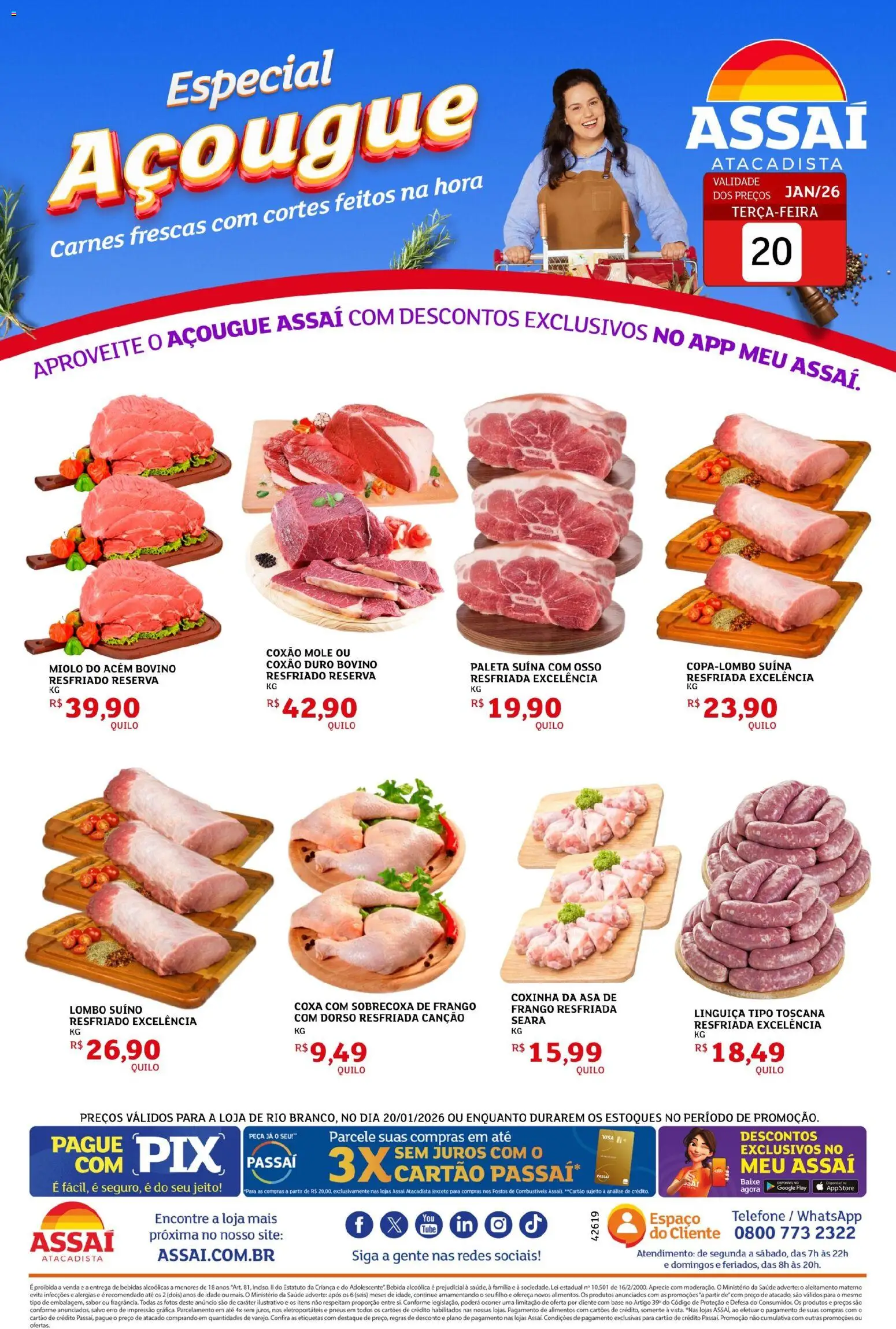 Assaí Atacadista Folheto - válido de 20.01.2026 | Página: 1 | Produtos: Linguiça, Asa de frango, Pasta, Pneus