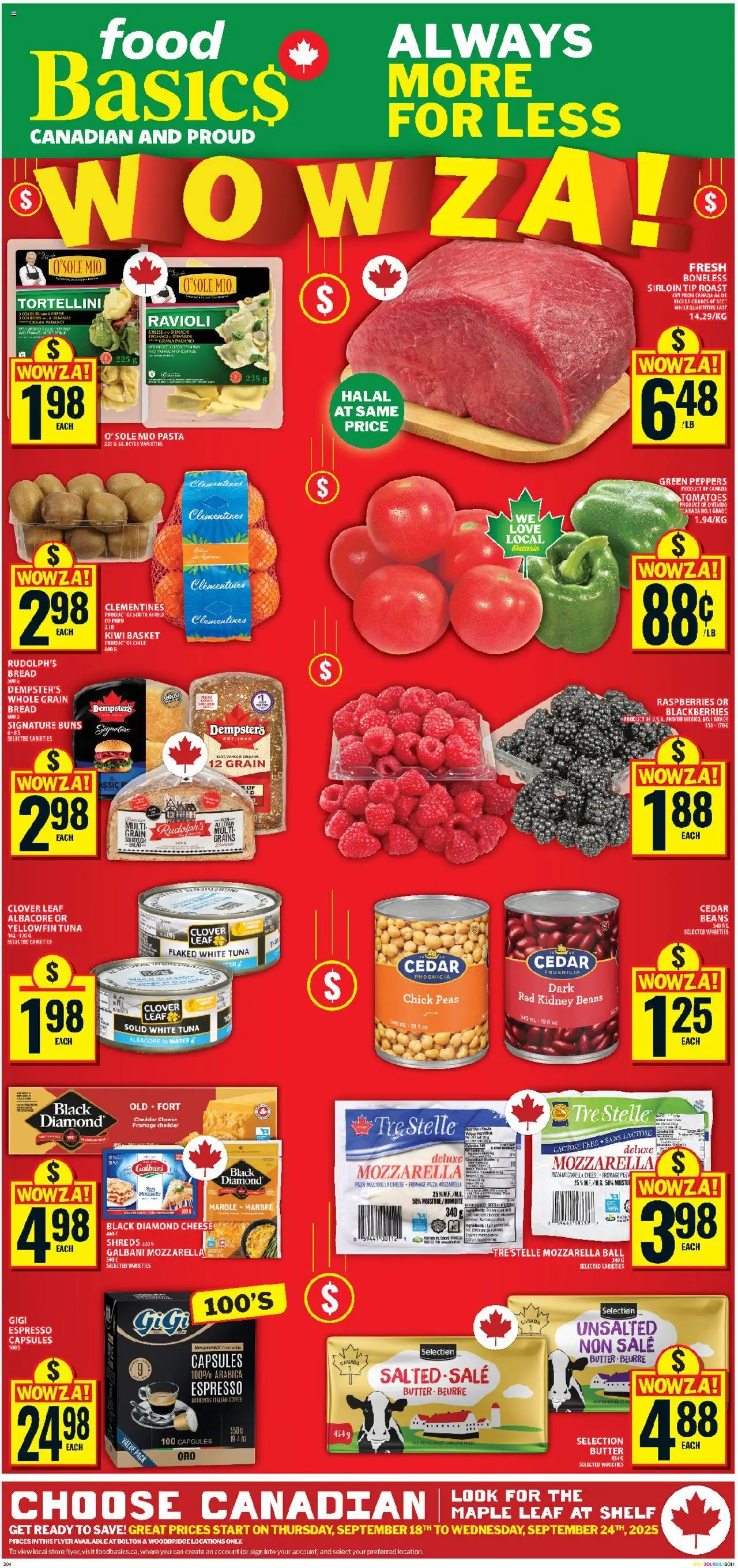 Food Basics flyer valid from 18.09.2025 | Page: 1 | Products: Pasta, Butter, Coffee, Pizza