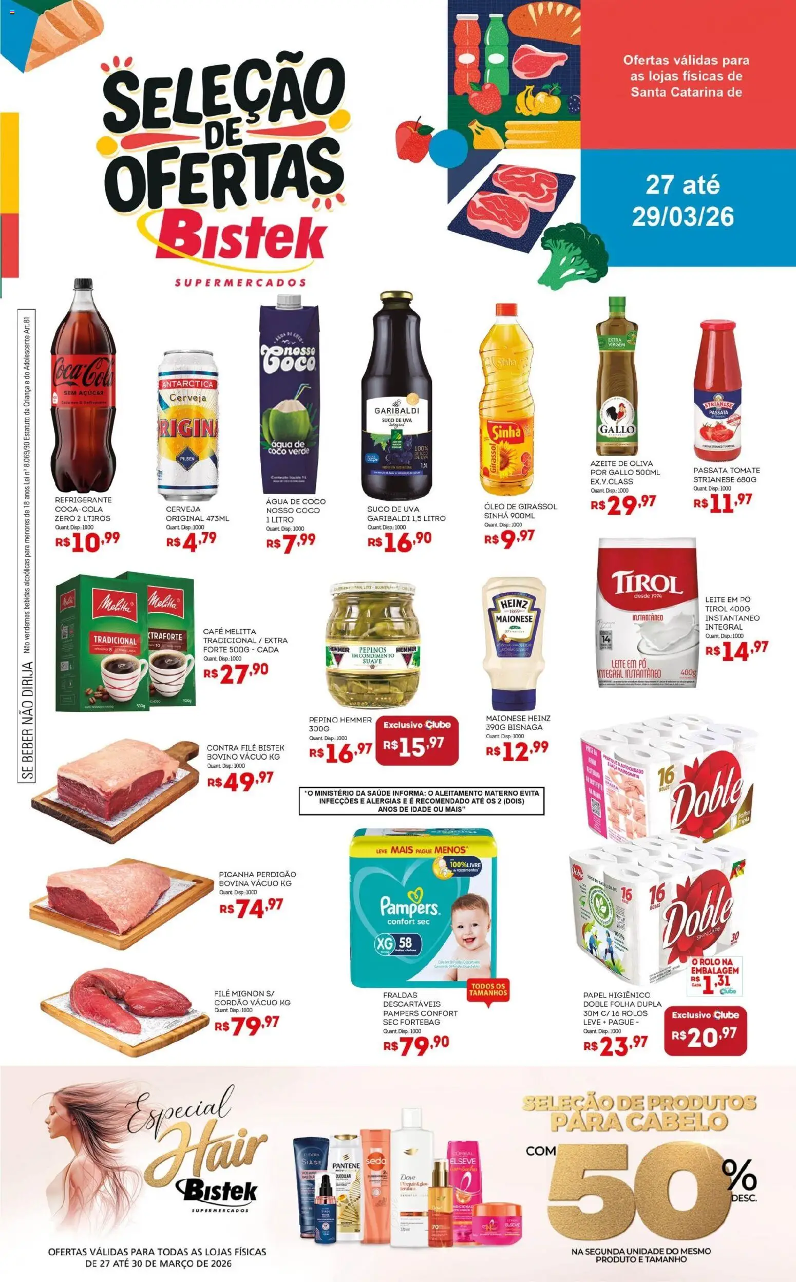 Bistek Supermercados Folheto - válido de 27.03.2026 | Página: 1 | Produtos: Contra filé, Leite, Faca, Refrigerante