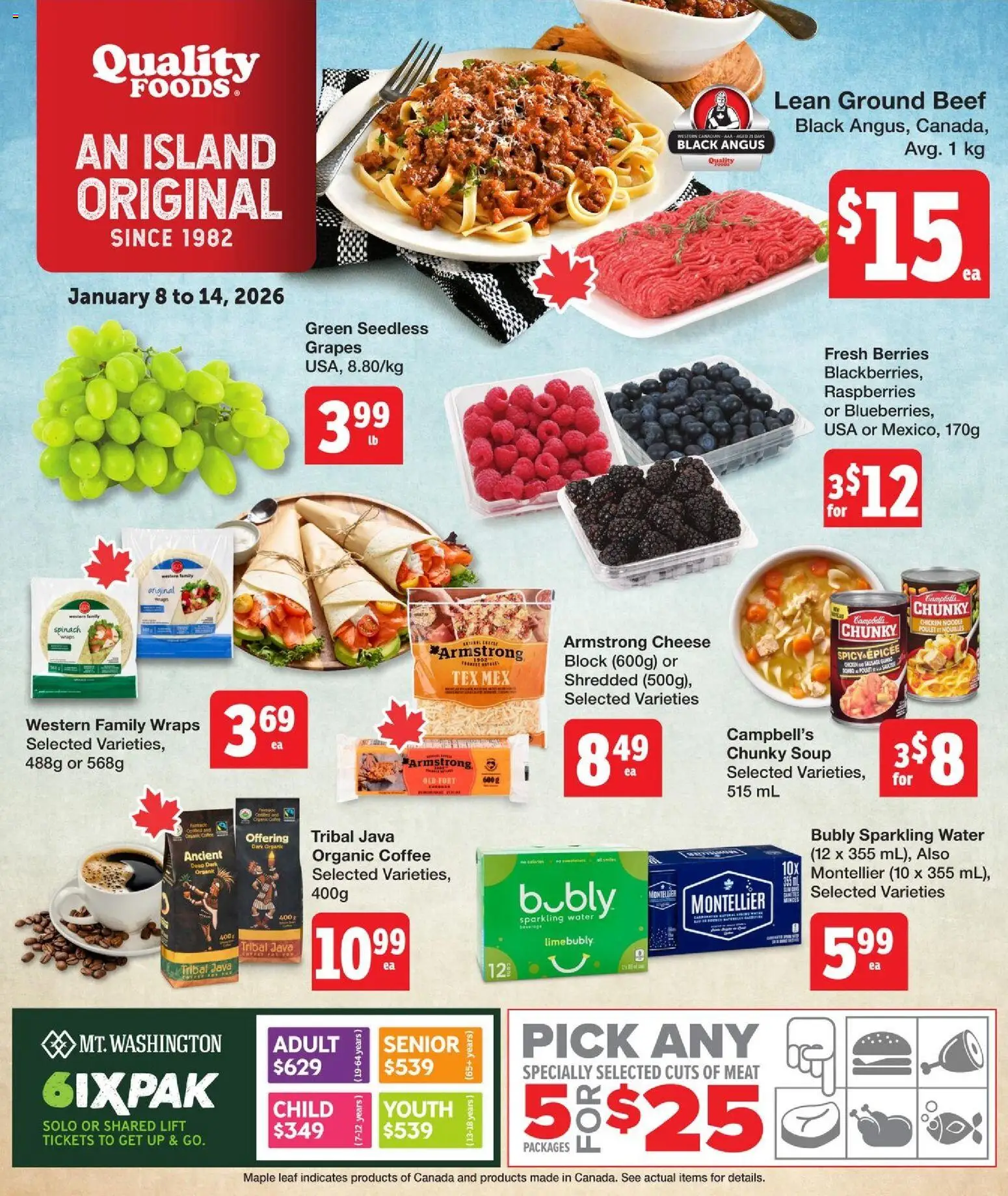 Quality Foods flyer valid from 08.01.2026 | Page: 1 | Products: Beef, Cheese, Coffee, Chicken