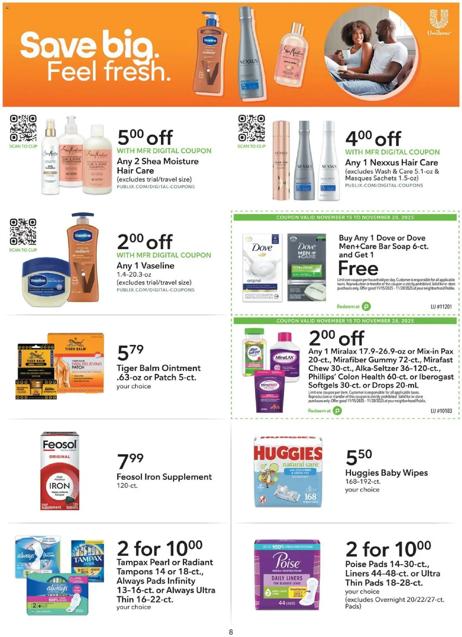 Publix Extra Savings - valid from 15.11.2025 | Page: 8 | Products: Green Tea, Pads, Tampons, Iron