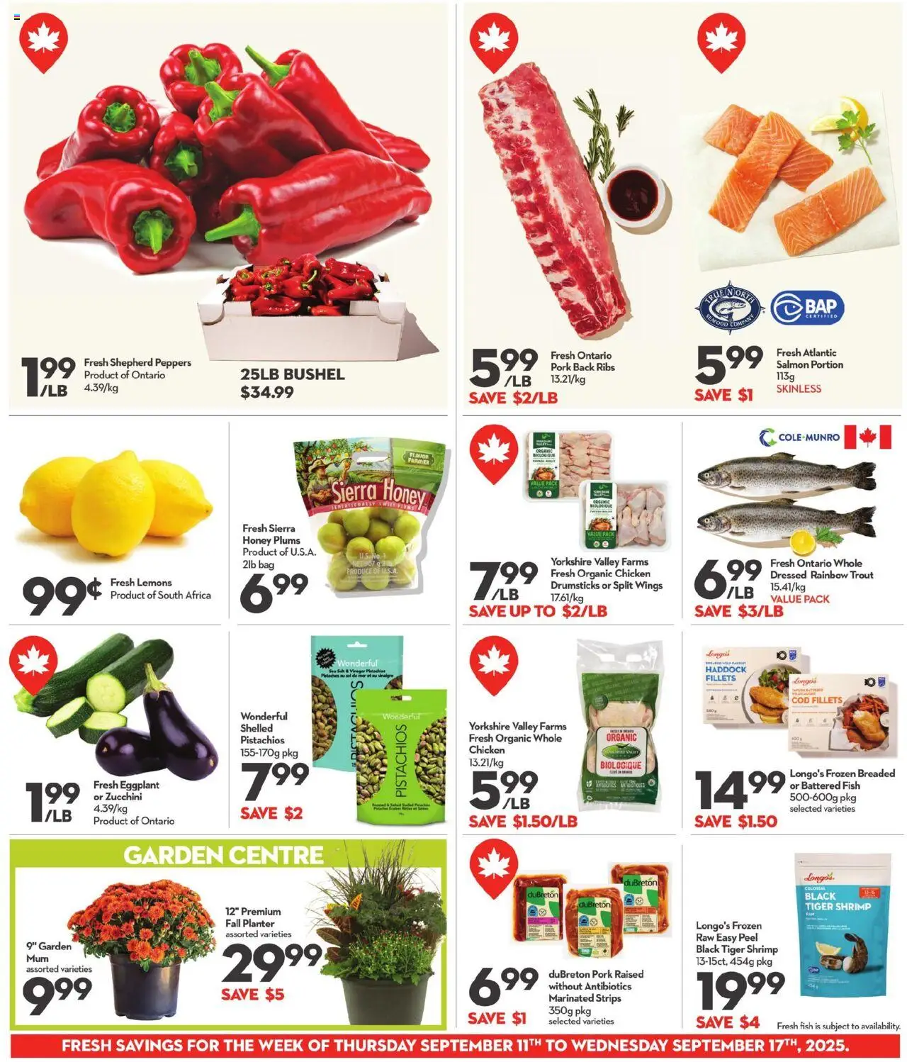 Longo's flyer valid from 11.09.2025 | Page: 8 | Products: Fish, Bra, Chicken, Pork