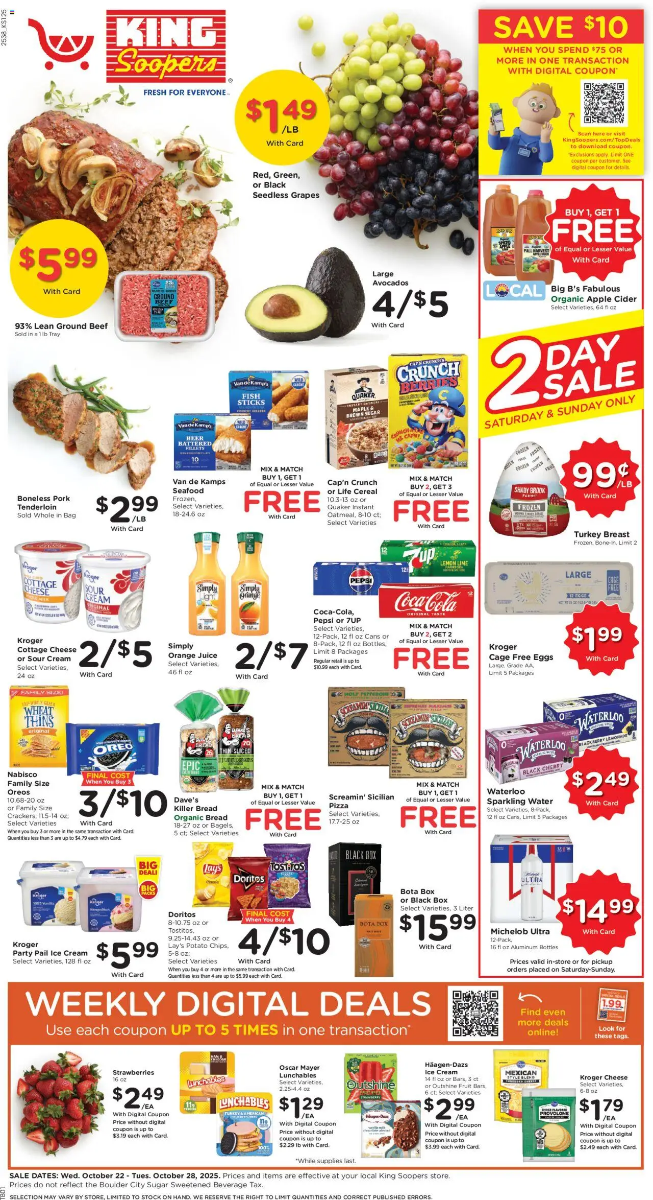King Soopers Weekly Ad - valid from 22.10.2025 | Page: 1 | Products: Pizza, Beer, Pork, Cottage cheese