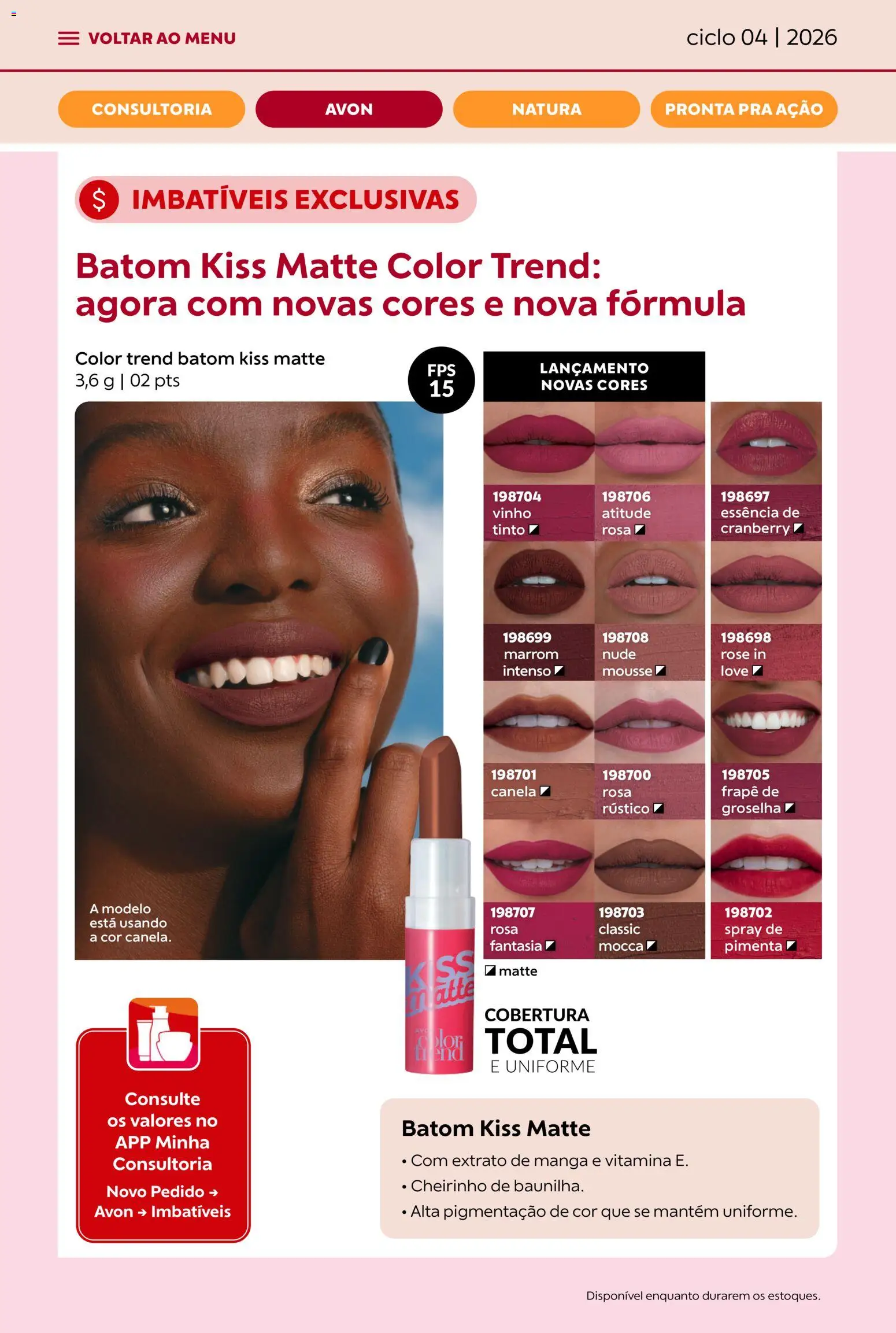 Avon Folheto - válido de 18.02.2026 | Página: 22 | Produtos: Mousse, Cranberry, Batom, Canela