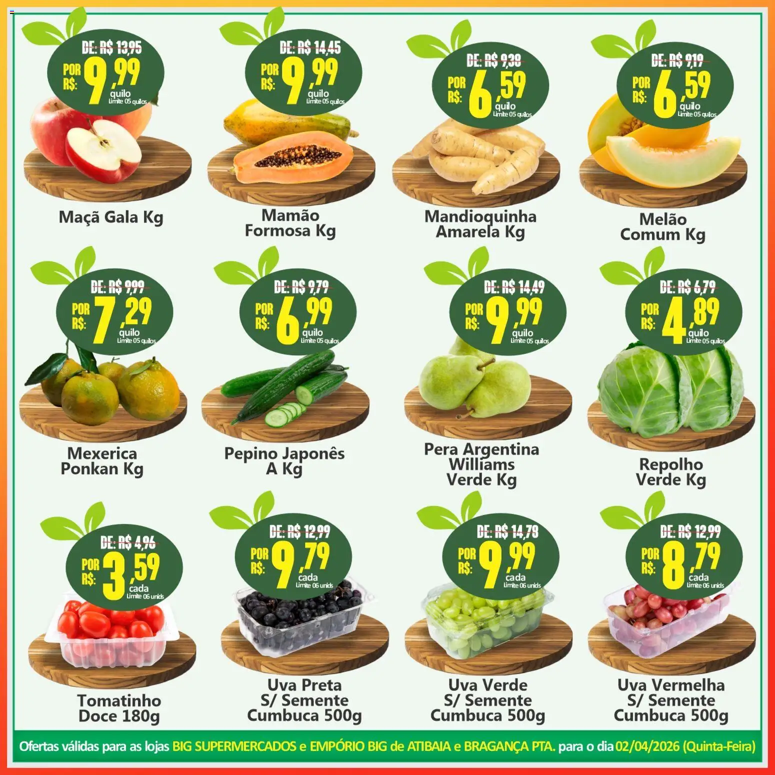Big Supermercados Folheto - válido de 02.04.2026 | Página: 3 | Produtos: Melão, Pera, Mandioquinha, Mamão