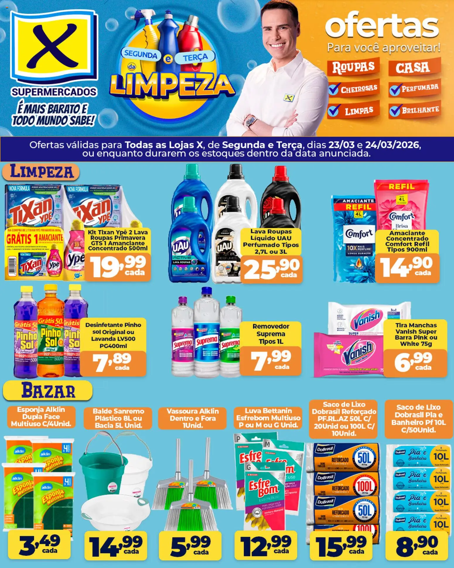 X Supermercados Folheto - válido de 23.03.2026 | Página: 1 | Produtos: Banheira, Roupas, Desinfetante, Vassoura