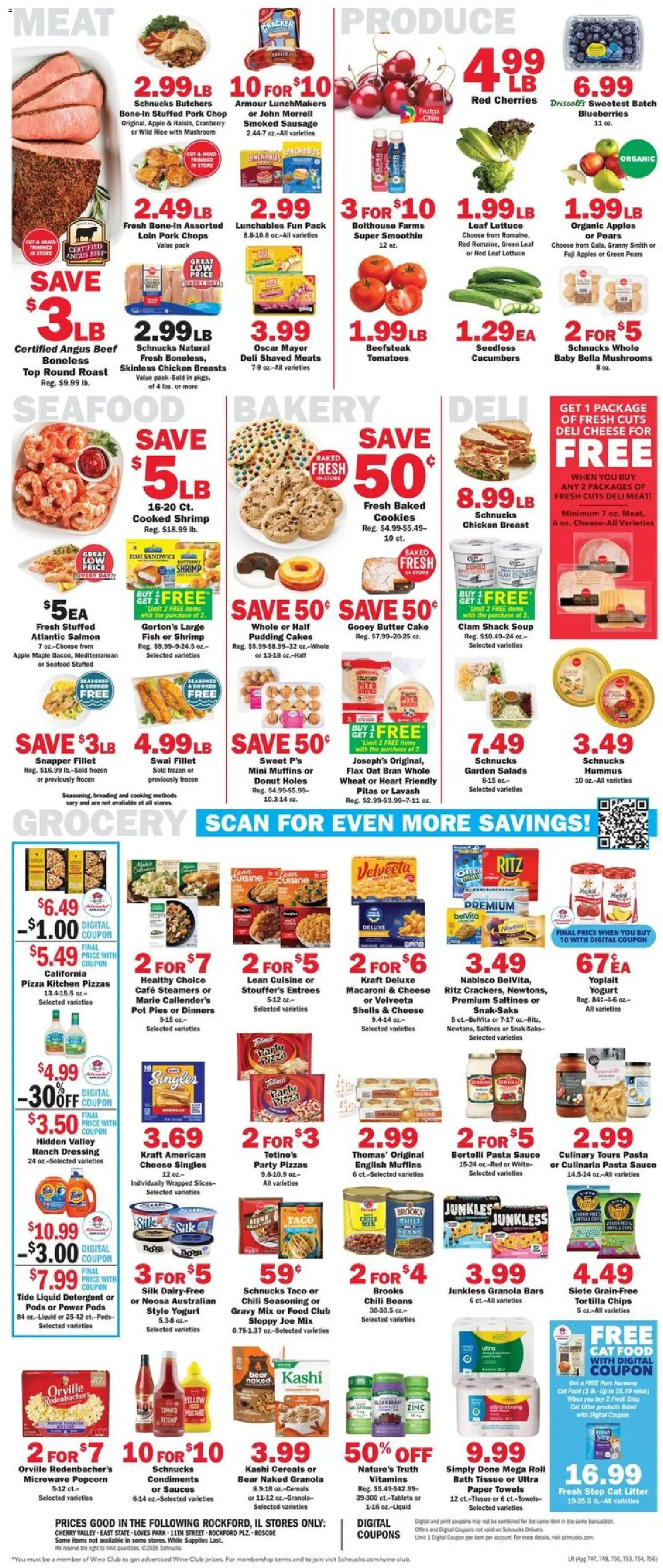 Schnucks Weekly Print Ad - IL - valid from 02.01.2026 | Page: 4 | Products: Cat Litter, Butter, Pizza, Fish