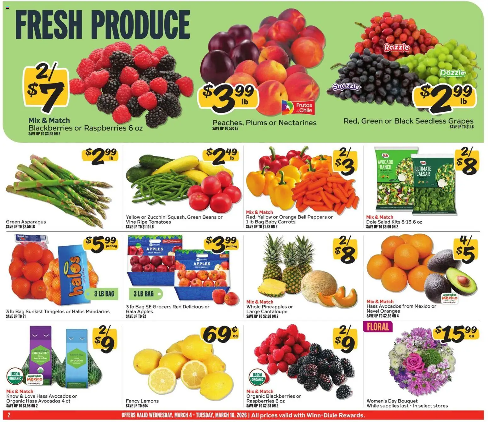 Winn Dixie Weekly Ad - valid from 04.03.2026 | Page: 2 | Products: Peppers, Zucchini, Oranges, Grapes
