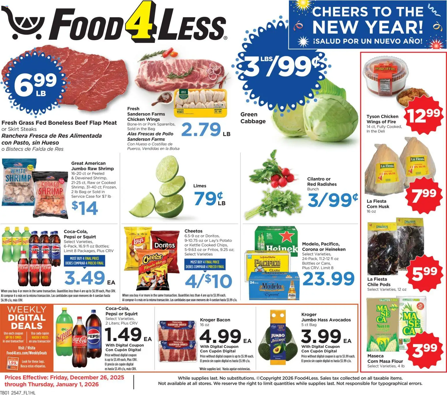 Food 4 Less Weekly Ad - valid from 26.12.2025 | Page: 1 | Products: Corn, Beef, Cabbage, Case