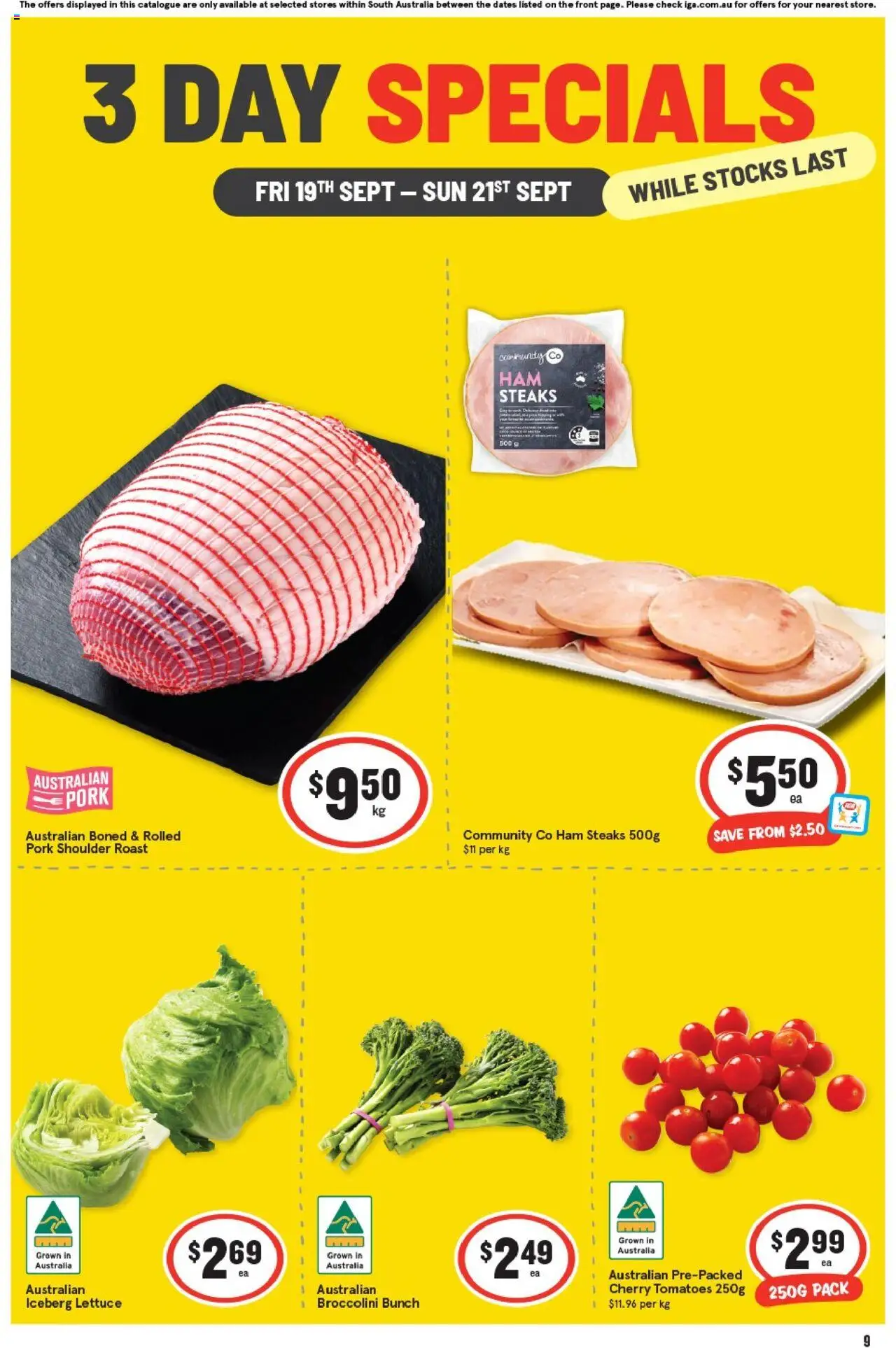 IGA catalogue - valid from 19.09.2025 | Page: 1 | Products: Ham, Pork, Lettuce, Tomatoes