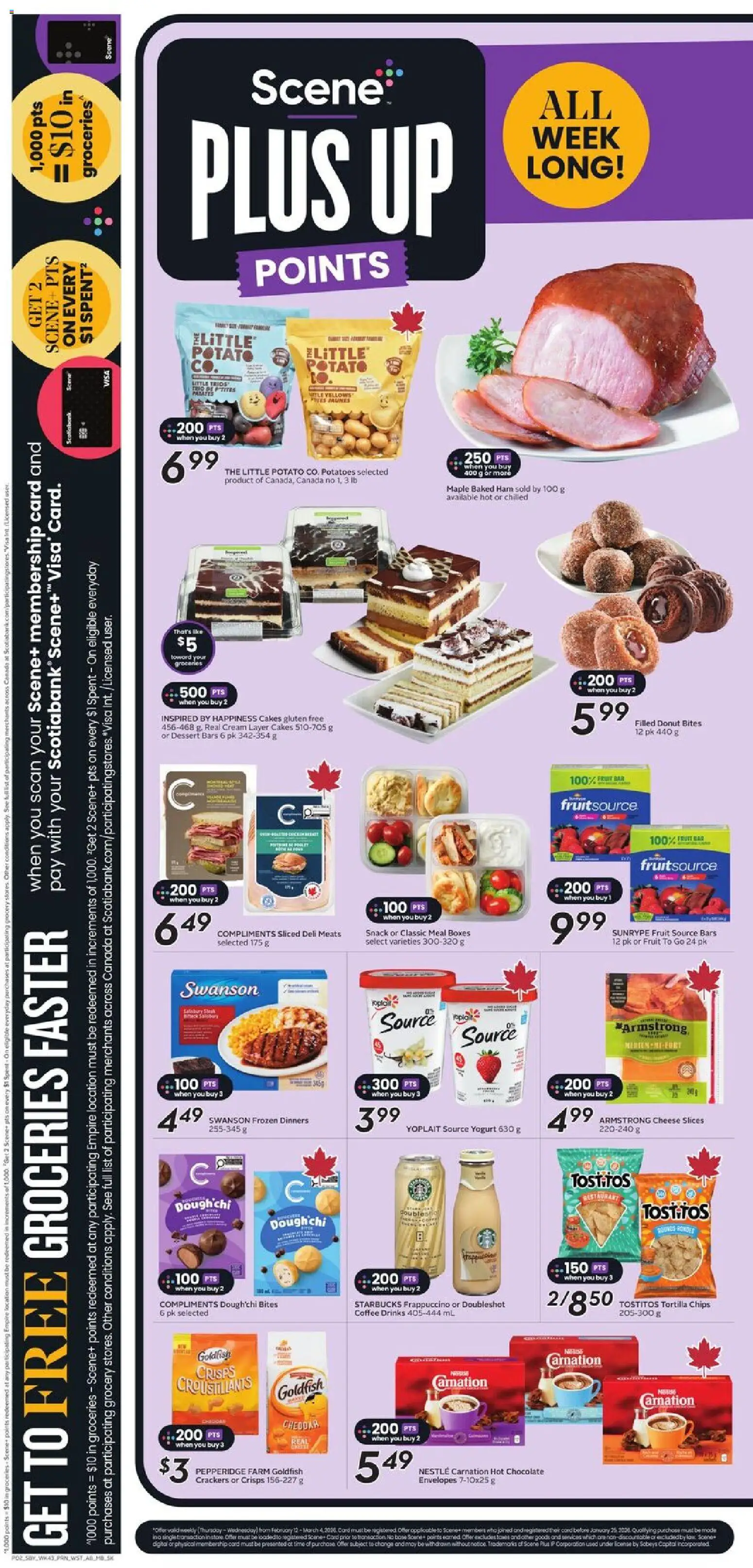 Sobeys flyer valid from 19.02.2026 | Page: 5 | Products: Potatoes, Cheese, Coffee, Chocolate