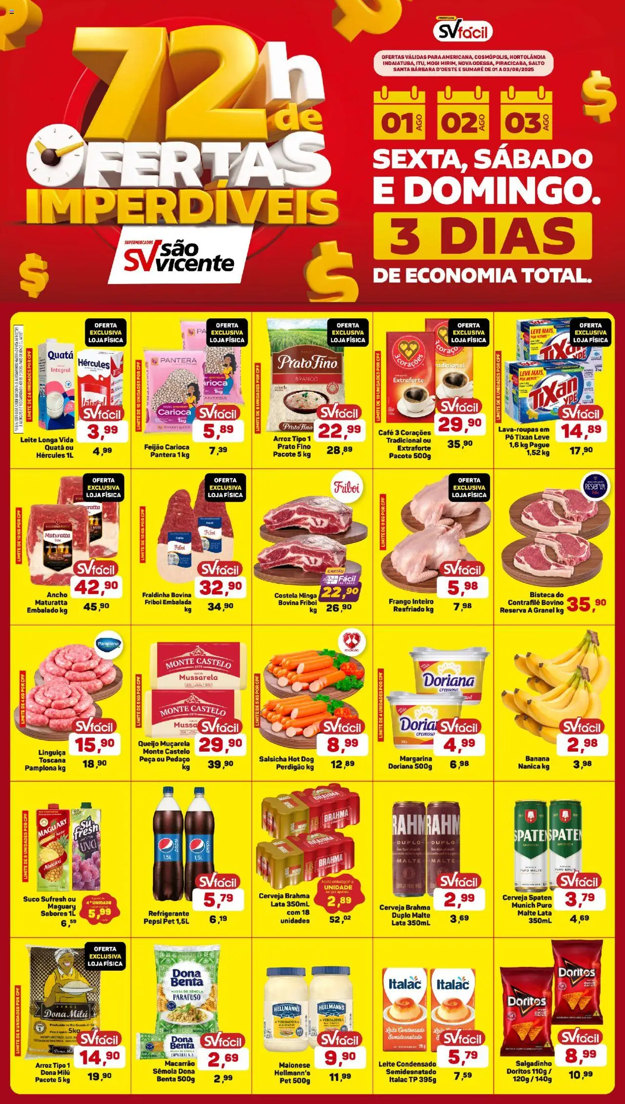 Supermercados São Vicente Folheto - válido de 01.08.2025 | Página: 1 | Produtos: Queijo, Macarrão, Abacaxi, Margarina