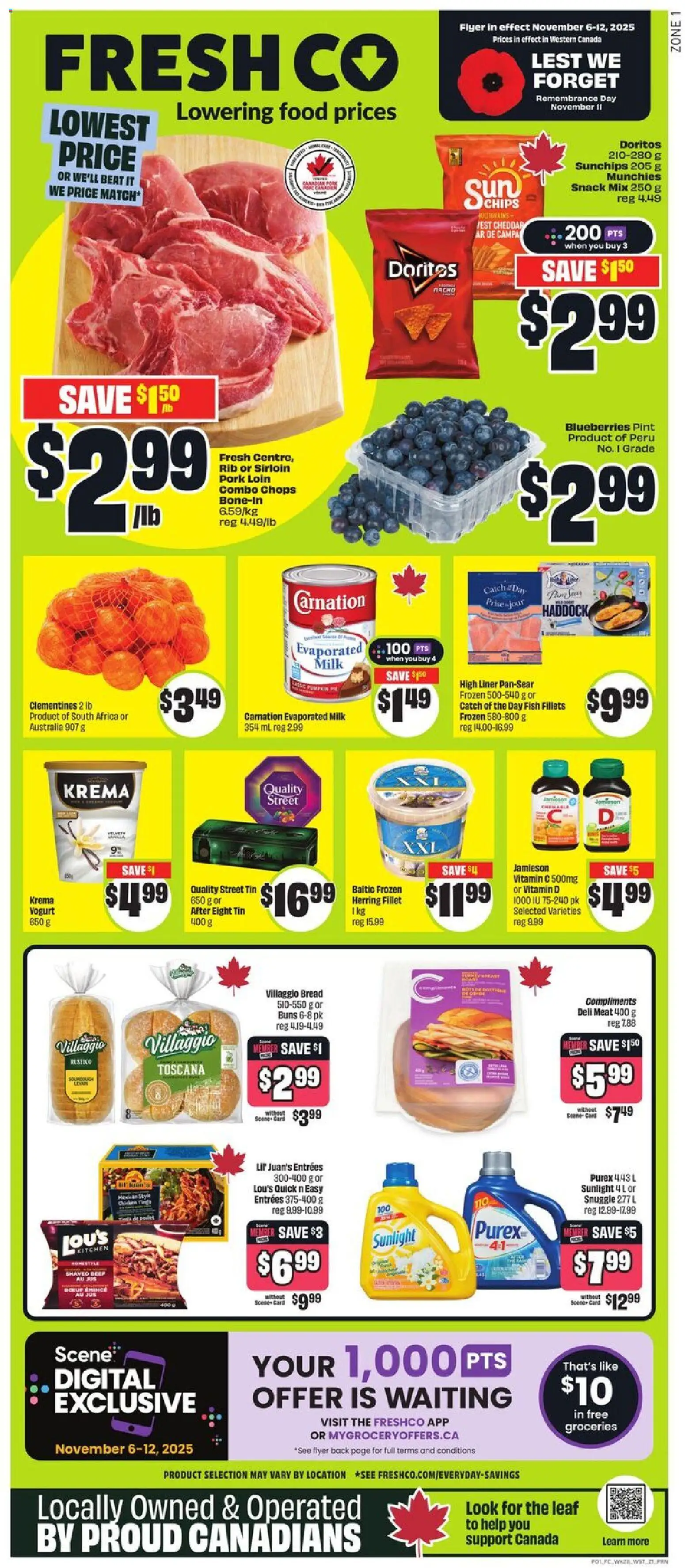 FreshCo flyer valid from 06.11.2025 | Page: 1 | Products: Chips, Milk, Yogurt, Vest