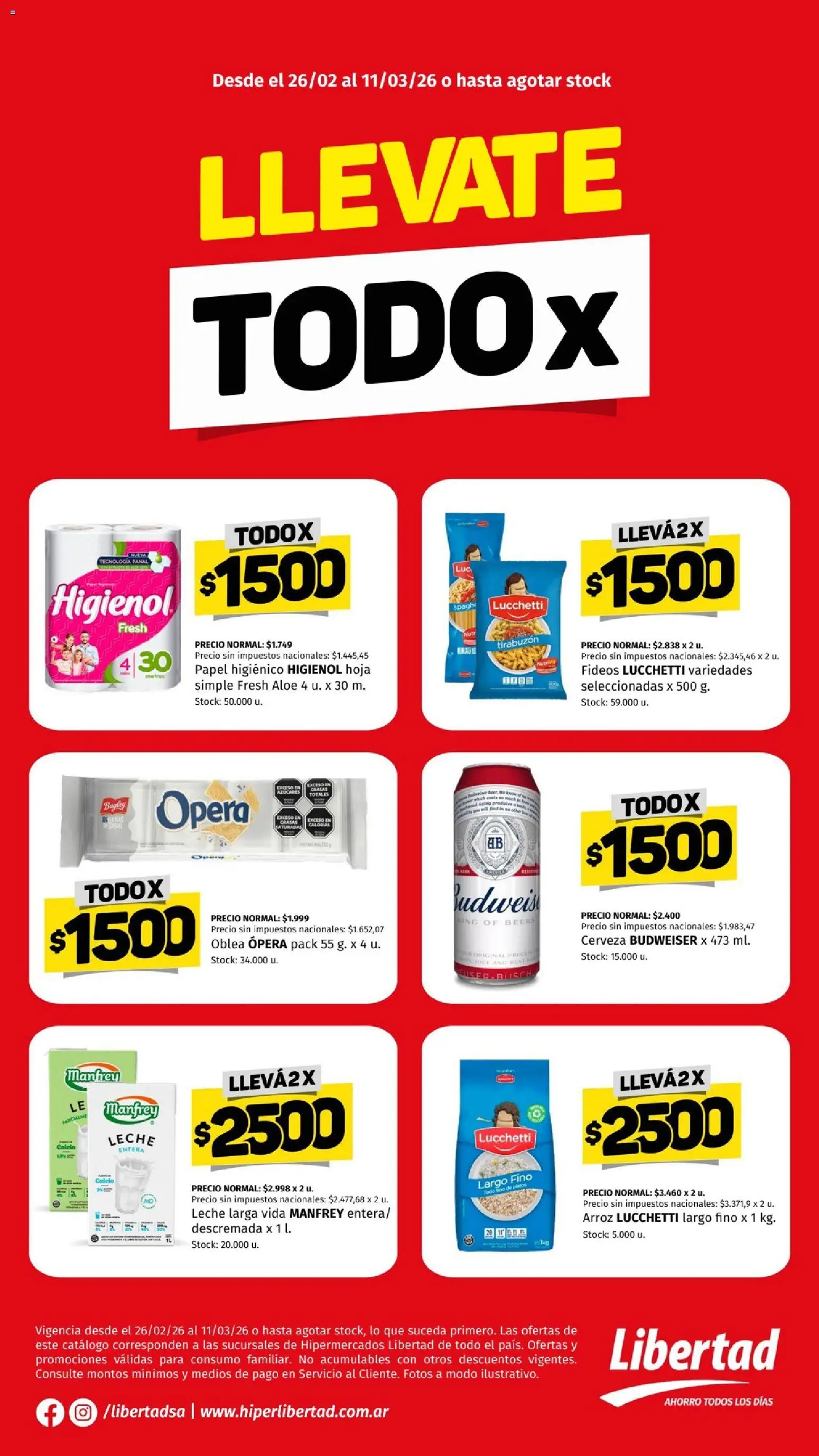 Hipermercado Libertad - TODO X semana  │ válido desde el 26.02.2026 | Página: 1 | Productos: Papel higiénico, Leche, Cerveza, Fideos